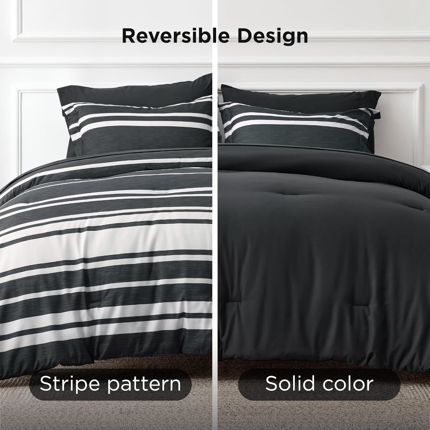 image:imageBedsure Queen Comforter Set 7 Pieces Grey Striped Bedding Set for All Seasons Reversible Cationic Dyeing Bed in a Bag with Comforter Sheets Pillowcases amp Shams07 Black