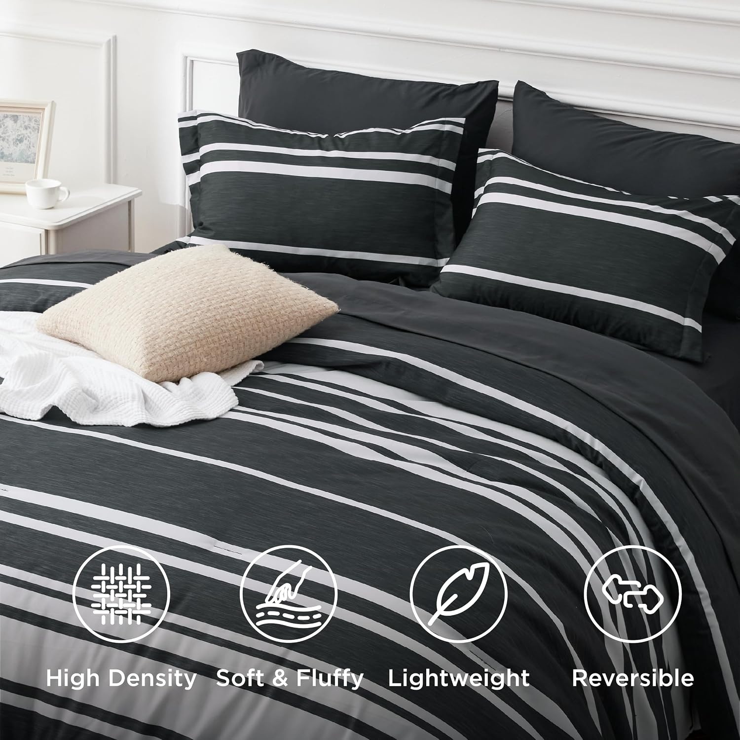 image:imageBedsure Queen Comforter Set 7 Pieces Grey Striped Bedding Set for All Seasons Reversible Cationic Dyeing Bed in a Bag with Comforter Sheets Pillowcases amp Shams07 Black