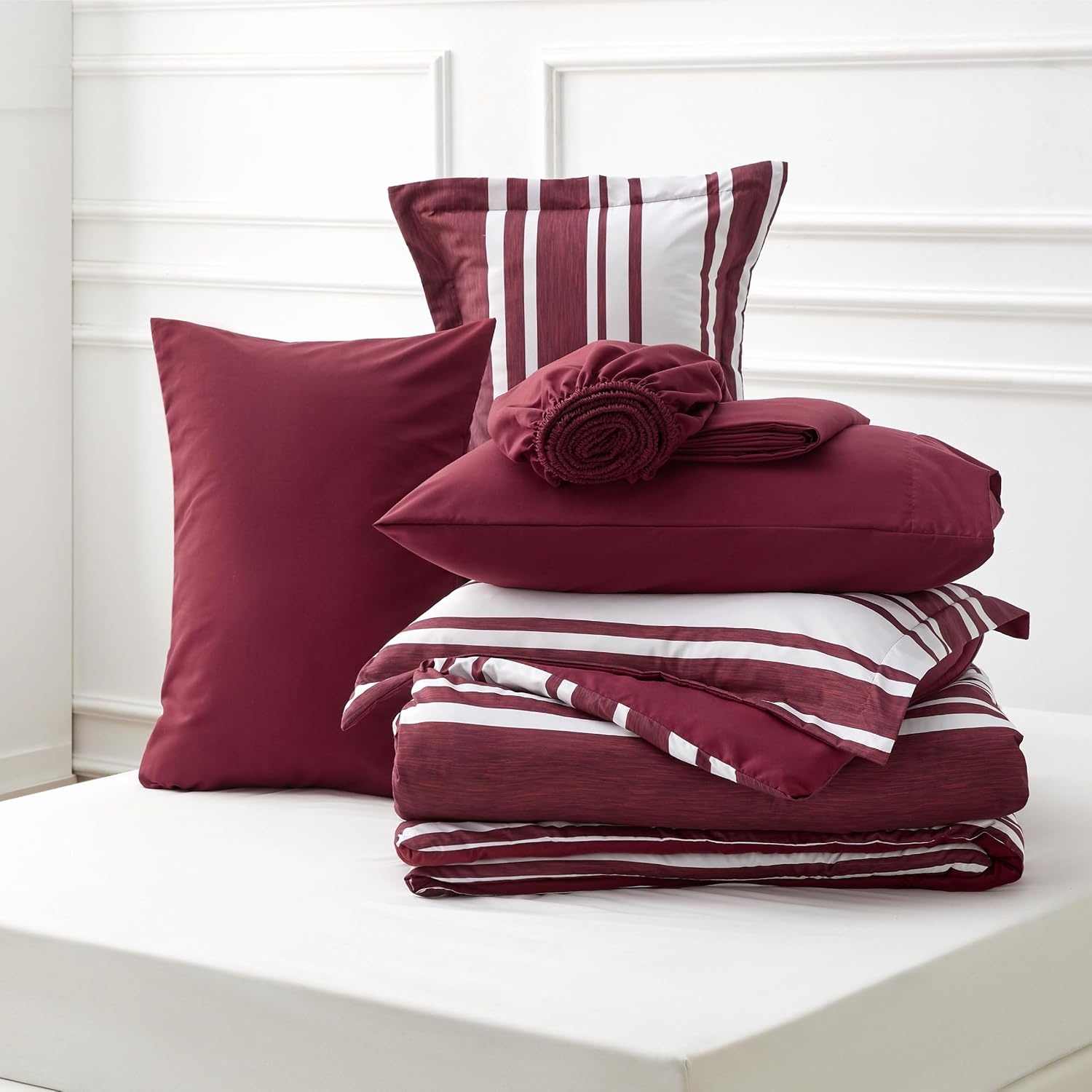 image:imageBedsure Queen Comforter Set 7 Pieces Grey Striped Bedding Set for All Seasons Reversible Cationic Dyeing Bed in a Bag with Comforter Sheets Pillowcases amp Shams10 Burgundy