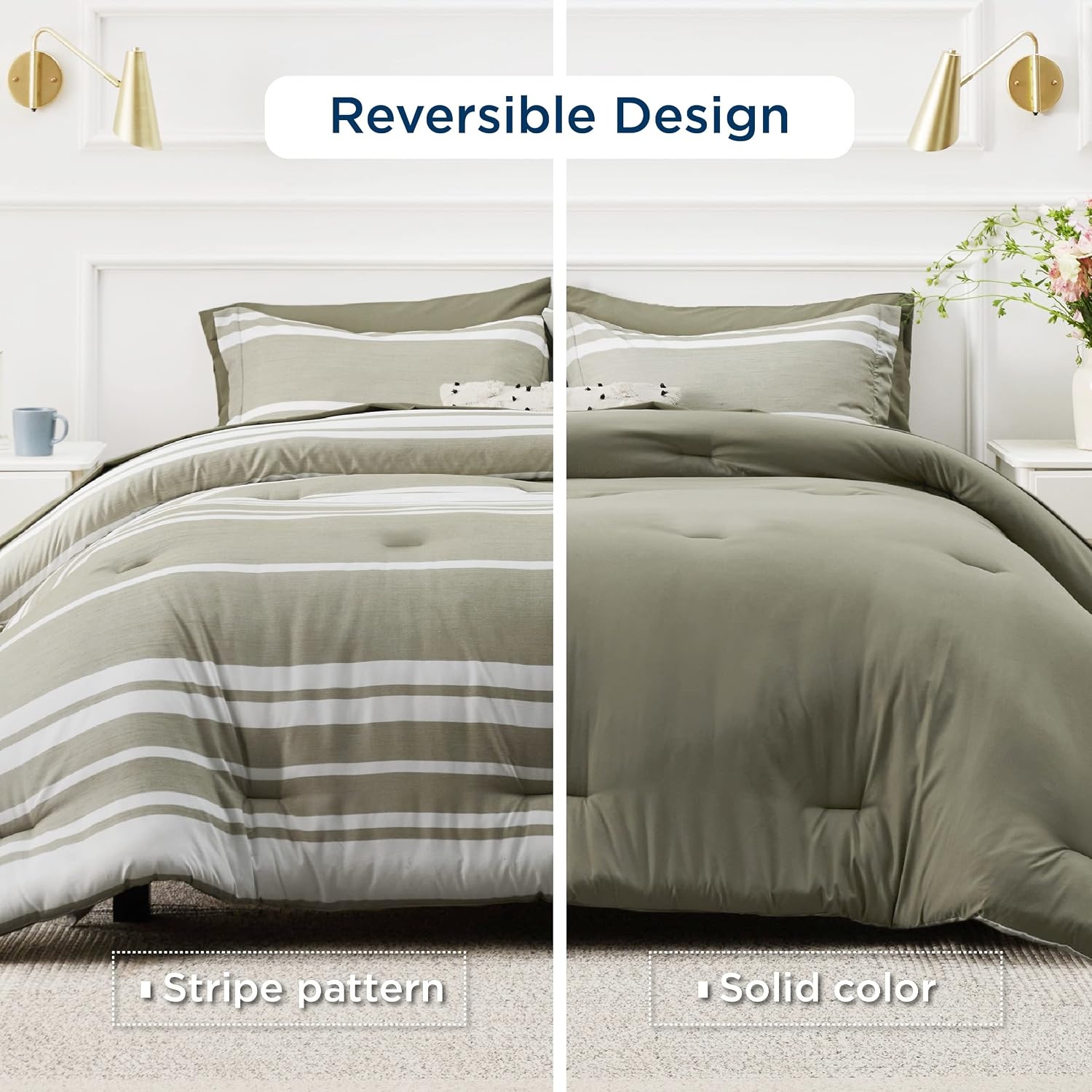 image:imageBedsure Queen Comforter Set 7 Pieces Grey Striped Bedding Set for All Seasons Reversible Cationic Dyeing Bed in a Bag with Comforter Sheets Pillowcases amp Shams04 Olive Green