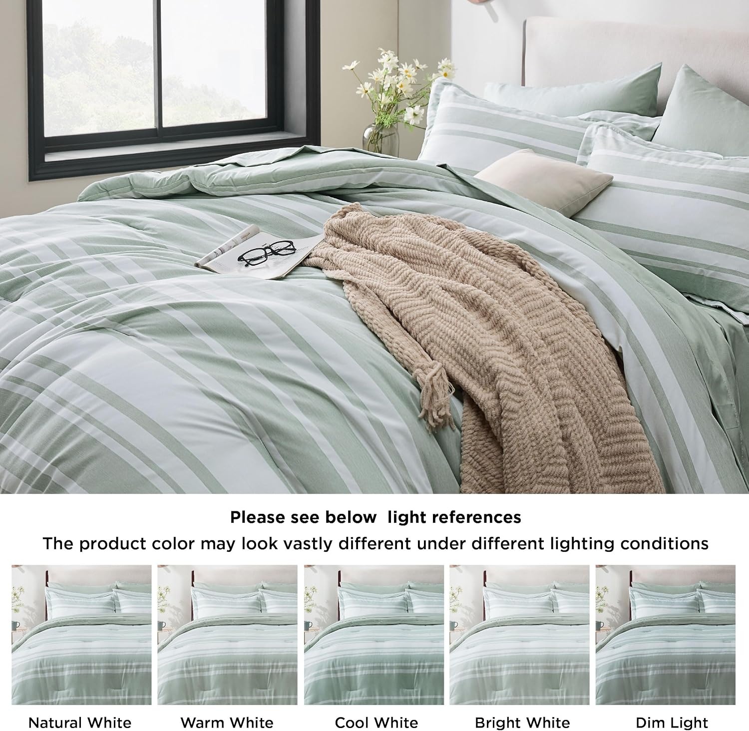image:imageBedsure Queen Comforter Set 7 Pieces Grey Striped Bedding Set for All Seasons Reversible Cationic Dyeing Bed in a Bag with Comforter Sheets Pillowcases amp Shams03 Sage Green