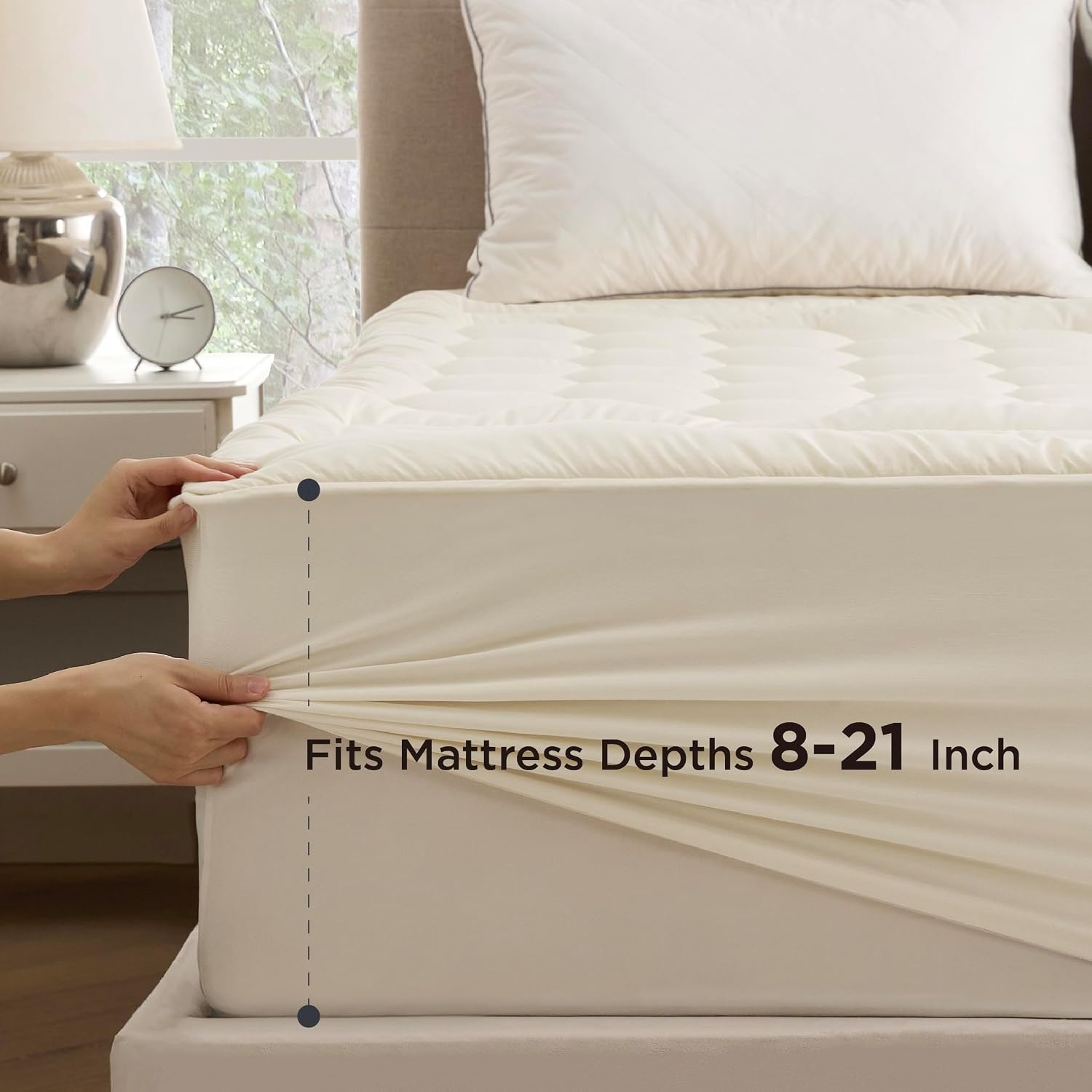 image:imageBedsure Queen Mattress Pad Quilted Fitted Mattress Topper Protector with 821 Inches Deep Pocket Noiseless Breathable Bed Cover Padded Machine Washable White 60x80 InchesBeige