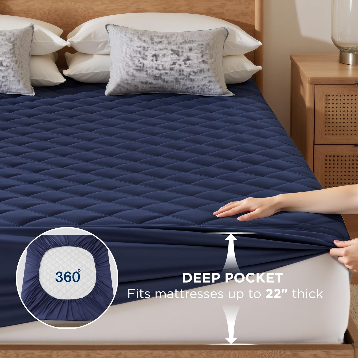 image:imageBedsure Queen Mattress Protector Quilted Waterproof Mattress Protector with Deep Pocket up to 22 Inches Soft Breathable Noiseless Bed Pad Topper Queen Bed Cover for Home Bedroom Hotel WhiteNavy Blue