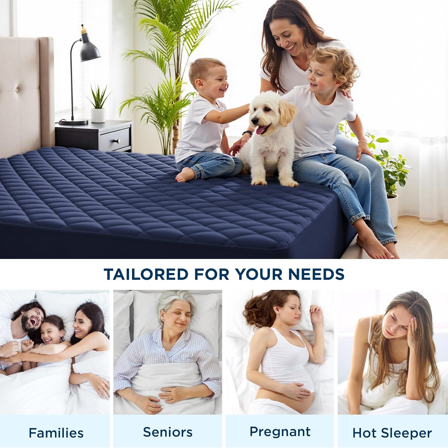 image:imageBedsure Queen Mattress Protector Quilted Waterproof Mattress Protector with Deep Pocket up to 22 Inches Soft Breathable Noiseless Bed Pad Topper Queen Bed Cover for Home Bedroom Hotel WhiteNavy Blue