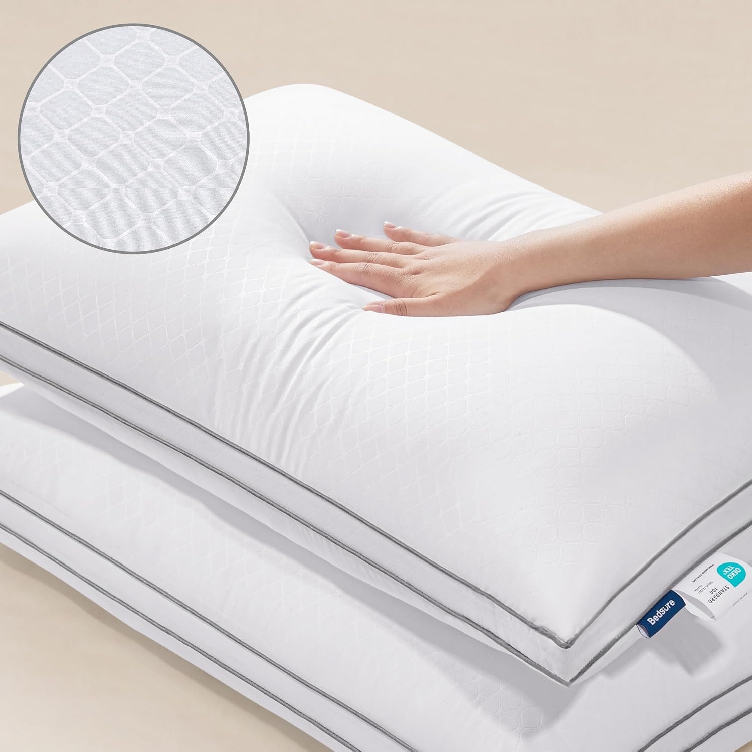 image:imageBedsure Queen Pillows Set of 2 Fluffy Bed Pillows for Sleeping Hotel Quality Diamond Quilted Design Gusseted Supportive Down Alternative Filling for Back Stomach Side Sleepers