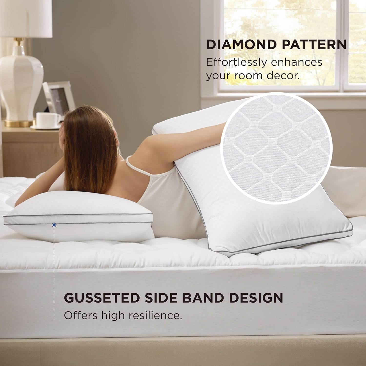 image:imageBedsure Queen Pillows Set of 2 Fluffy Bed Pillows for Sleeping Hotel Quality Diamond Quilted Design Gusseted Supportive Down Alternative Filling for Back Stomach Side Sleepers