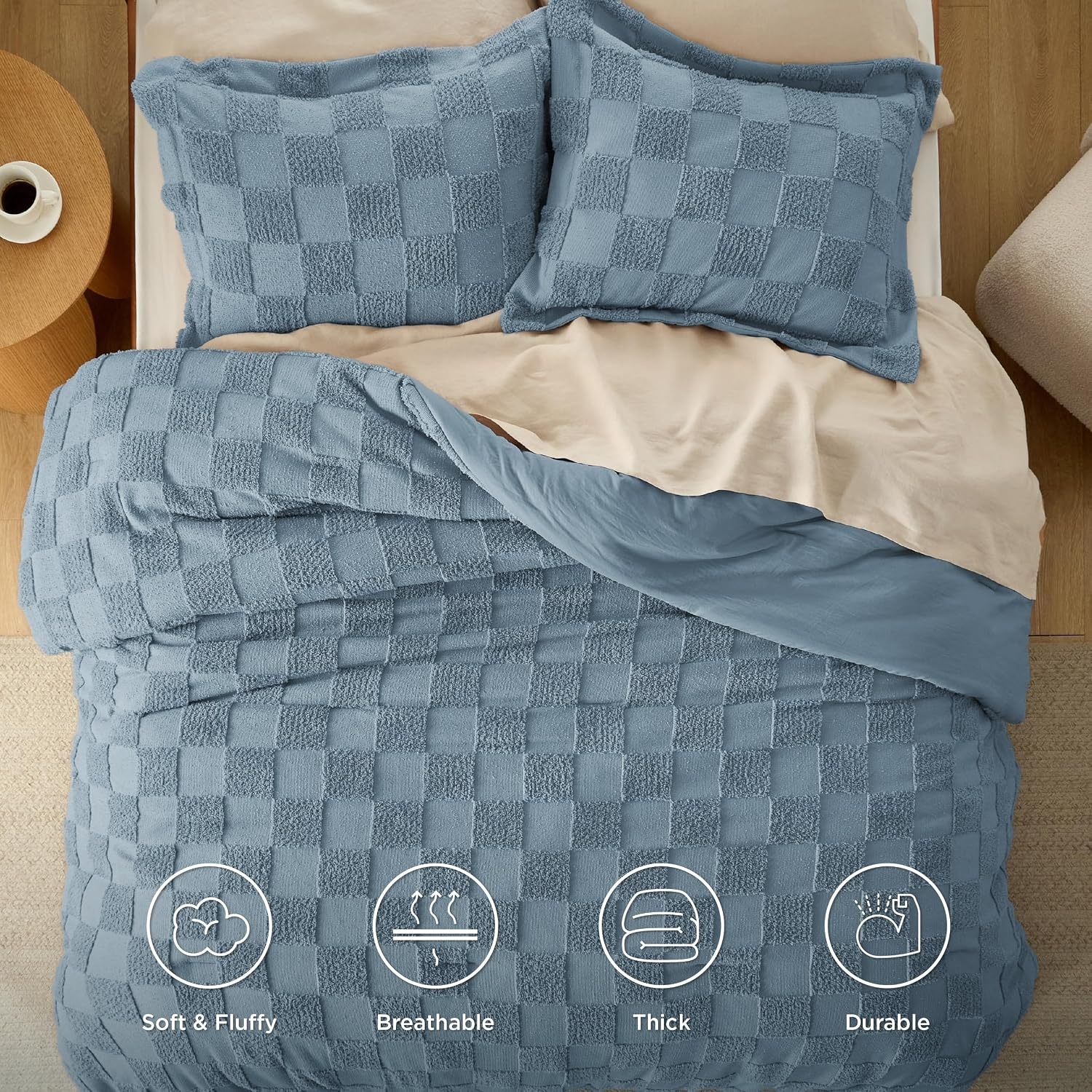 image:imageBedsure Queen Size Comforter Set Beige Boho Tufted Bed Set Checkered FarmhouseStyle Distressed Vintage Bedding 3 Pieces 1 Plaid Geometric Comforter and 2 Pillow Shams03 Mineral Blue Tufted Checkboard