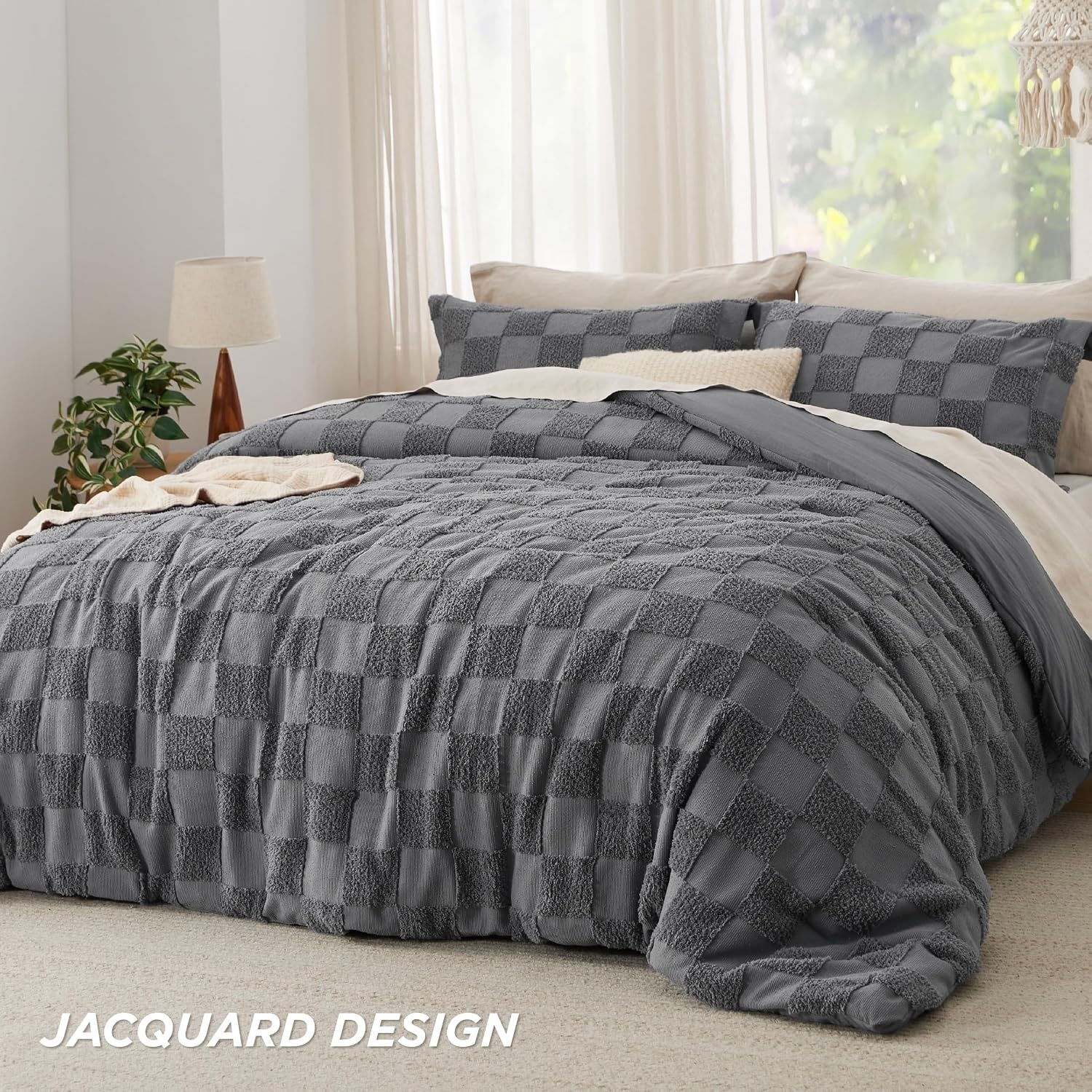 image:imageBedsure Queen Size Comforter Set Beige Boho Tufted Bed Set Checkered FarmhouseStyle Distressed Vintage Bedding 3 Pieces 1 Plaid Geometric Comforter and 2 Pillow Shams04 Dark Grey Tufted Checkboard