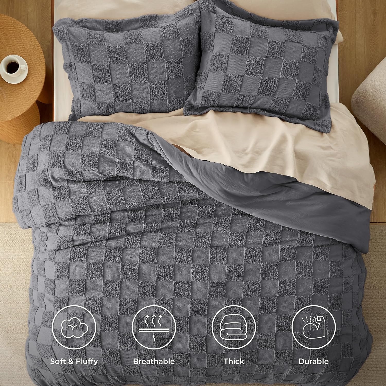 image:imageBedsure Queen Size Comforter Set Beige Boho Tufted Bed Set Checkered FarmhouseStyle Distressed Vintage Bedding 3 Pieces 1 Plaid Geometric Comforter and 2 Pillow Shams04 Dark Grey Tufted Checkboard