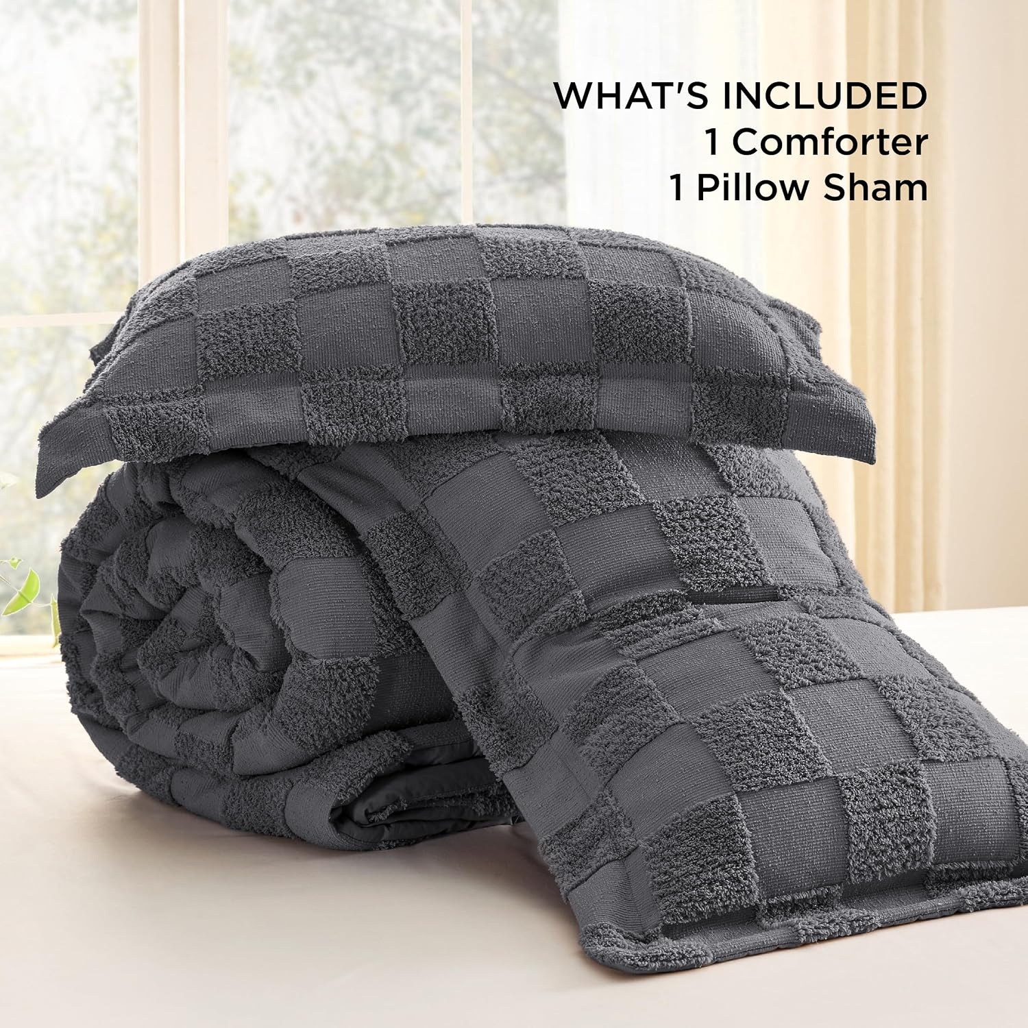 image:imageBedsure Queen Size Comforter Set Beige Boho Tufted Bed Set Checkered FarmhouseStyle Distressed Vintage Bedding 3 Pieces 1 Plaid Geometric Comforter and 2 Pillow Shams04 Dark Grey Tufted Checkboard