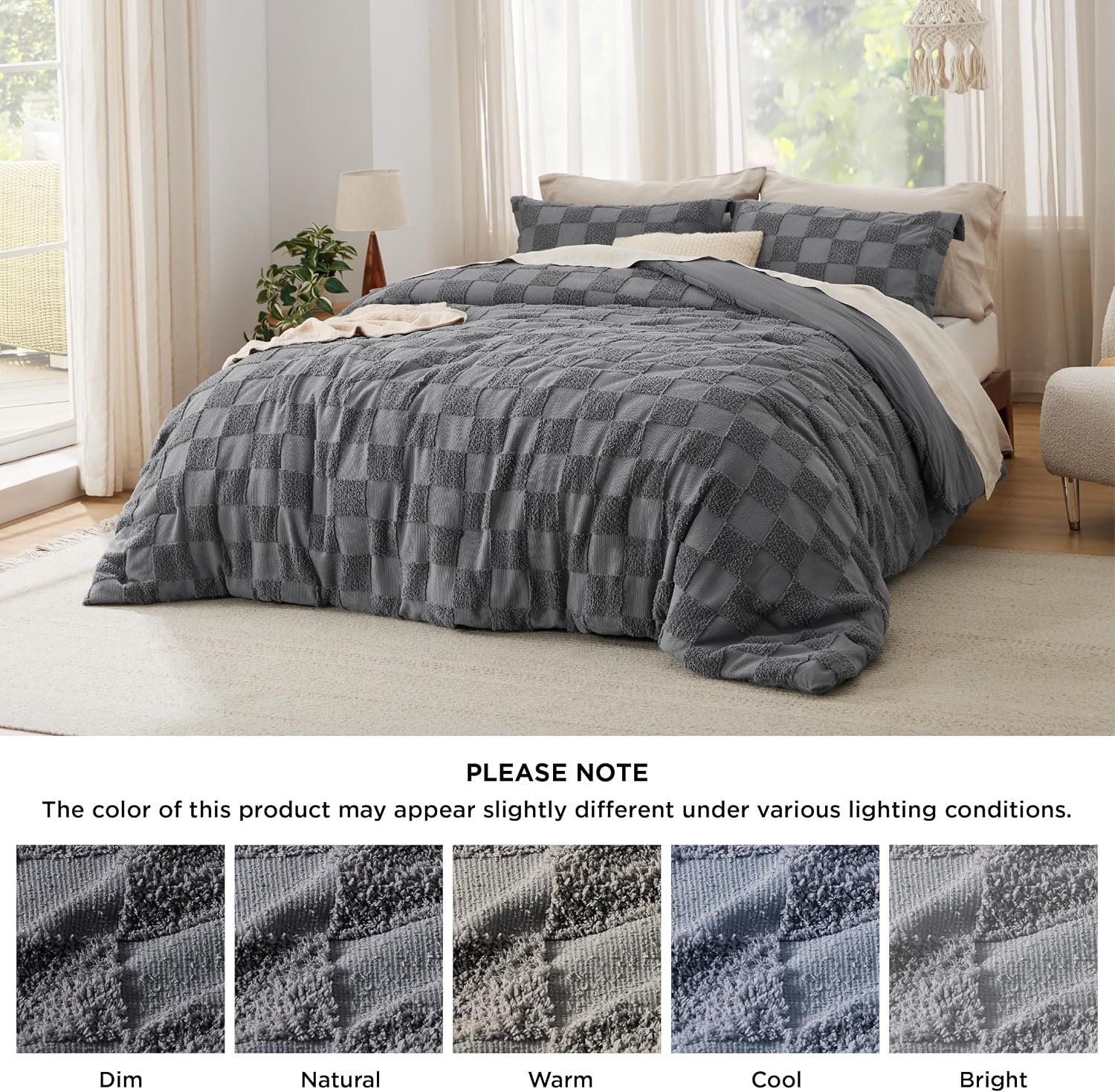 image:imageBedsure Queen Size Comforter Set Beige Boho Tufted Bed Set Checkered FarmhouseStyle Distressed Vintage Bedding 3 Pieces 1 Plaid Geometric Comforter and 2 Pillow Shams04 Dark Grey Tufted Checkboard