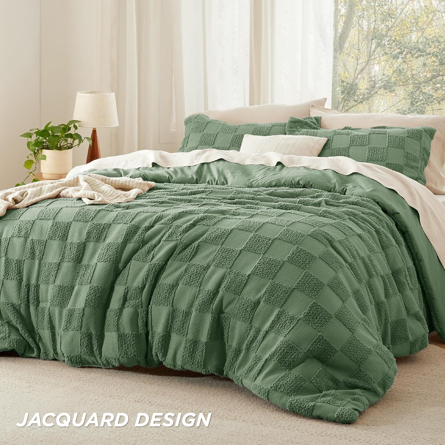 image:imageBedsure Queen Size Comforter Set Beige Boho Tufted Bed Set Checkered FarmhouseStyle Distressed Vintage Bedding 3 Pieces 1 Plaid Geometric Comforter and 2 Pillow Shams02 Green Tufted Checkboard