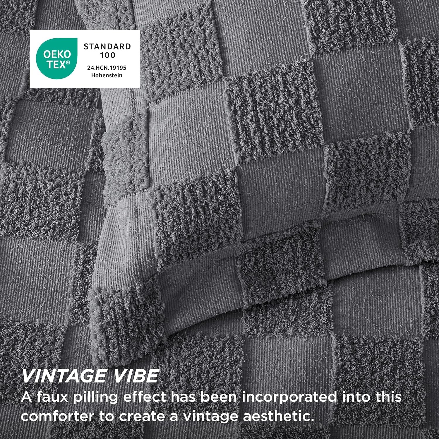 image:imageBedsure Queen Size Comforter Set Beige Boho Tufted Bed Set Checkered FarmhouseStyle Distressed Vintage Bedding 3 Pieces 1 Plaid Geometric Comforter and 2 Pillow Shams04 Dark Grey Tufted Checkboard