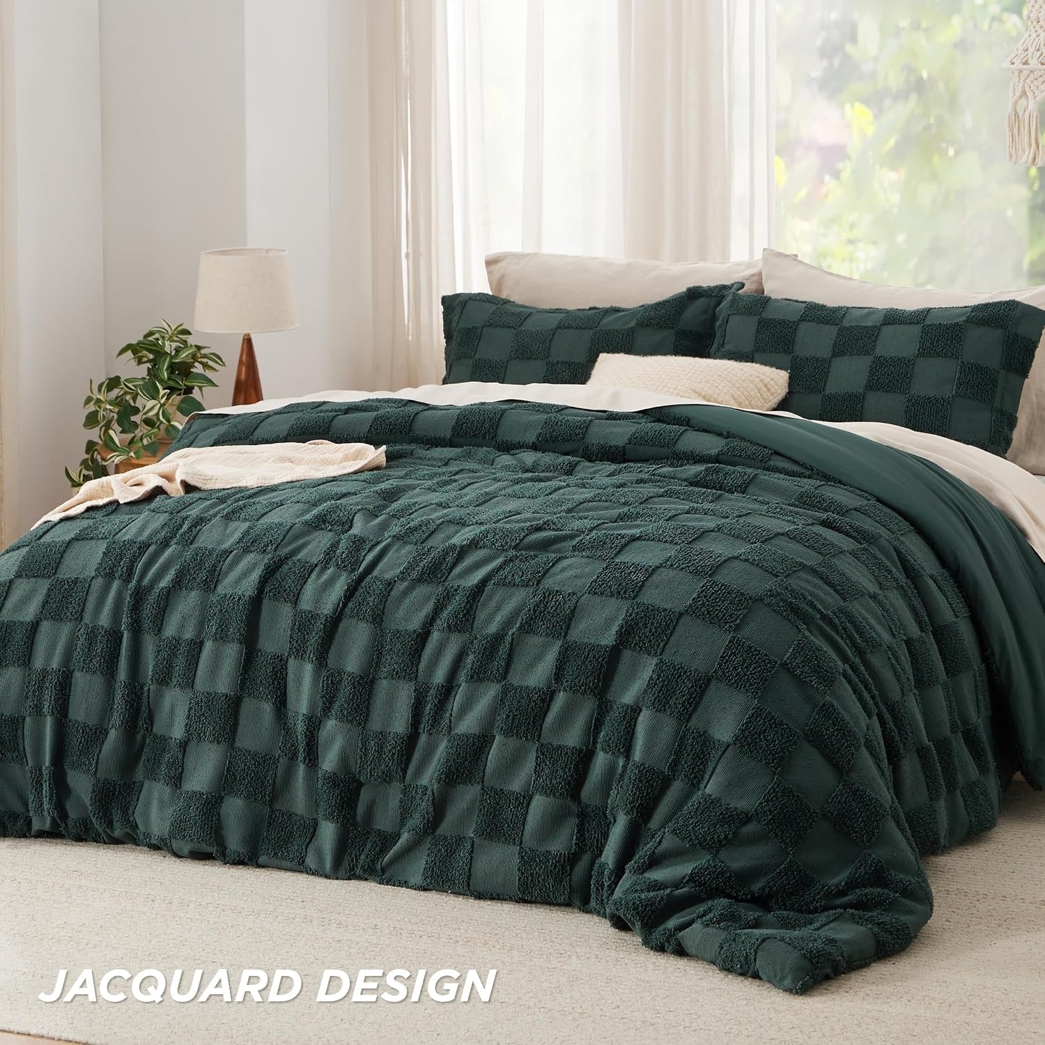 image:imageBedsure Queen Size Comforter Set Beige Boho Tufted Bed Set Checkered FarmhouseStyle Distressed Vintage Bedding 3 Pieces 1 Plaid Geometric Comforter and 2 Pillow Shams02 Emerald Tufted Checkboard