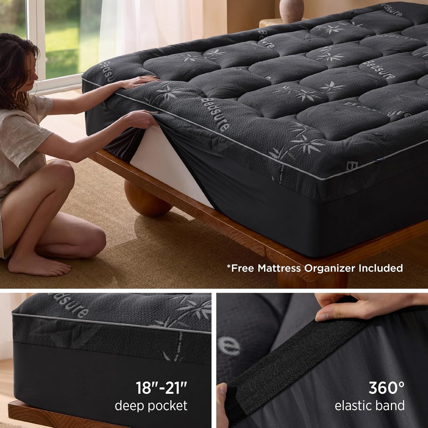 image:imageBedsure SingleLayer 2 Inch Full Size Mattress Topper Viscose Made from Bamboo Mattress Topper Pad Breathable amp Pressure Relief Black