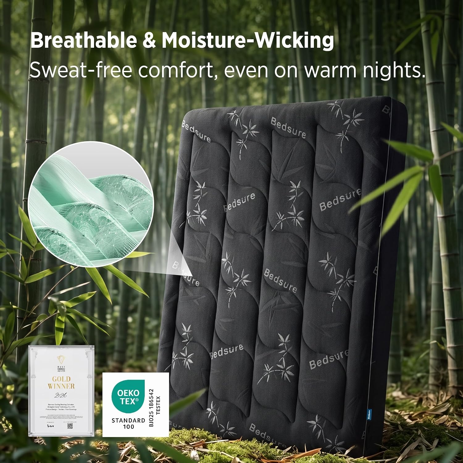 image:imageBedsure SingleLayer 2 Inch King Mattress Topper Viscose Made from Bamboo Mattress Topper Pad Breathable amp Pressure Relief Black