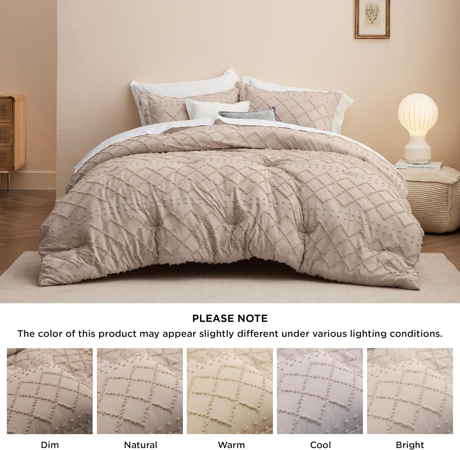 image:imageBedsure Twin XL Comforter Set  White Comforter Boho Tufted Distressed Vintage Bedding for Kids 2 Pieces FarmhouseStyle Bed Set for All Seasons Fluffy Soft Bedding with 1 Pillow Sham16  Warm Tan