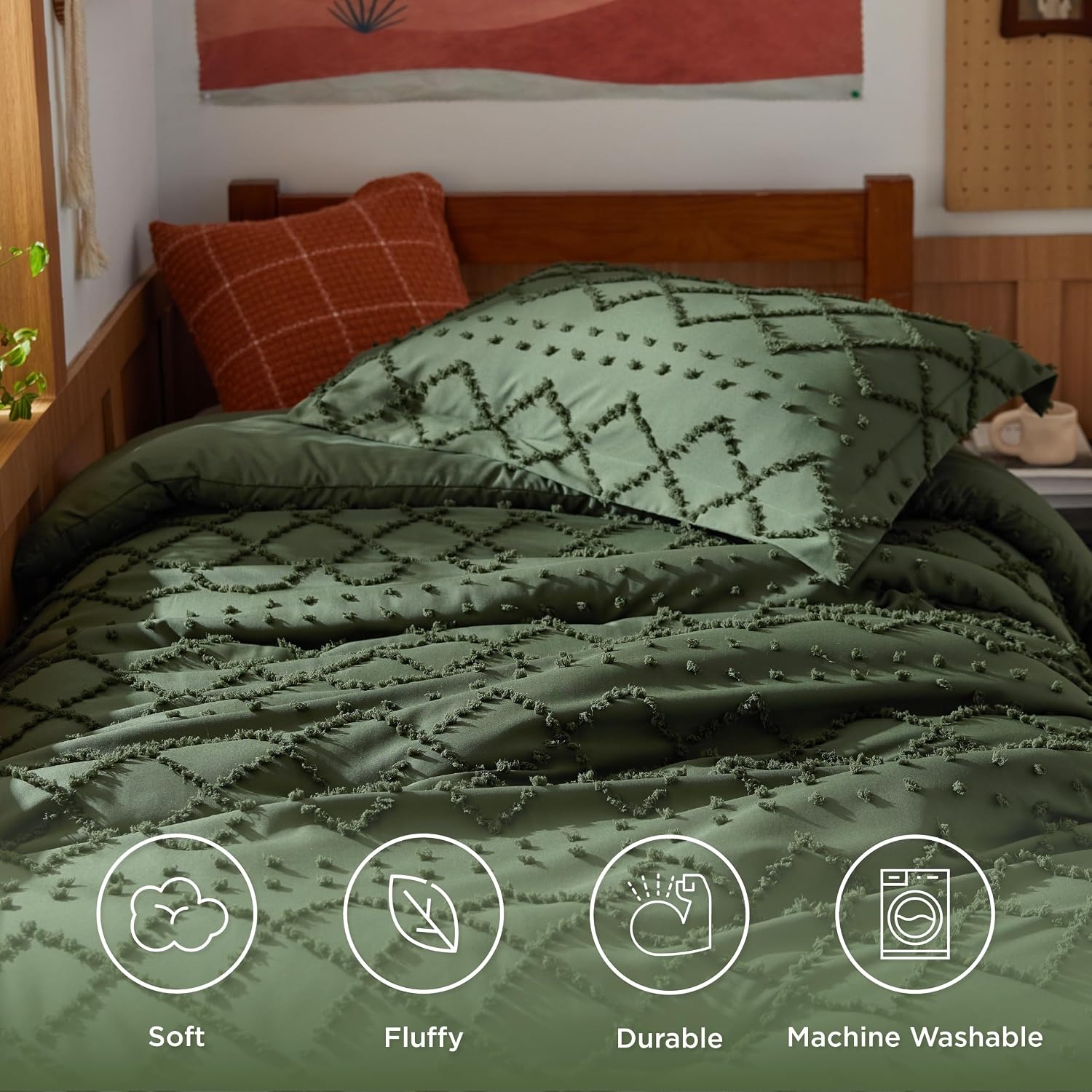 image:imageBedsure Twin XL Comforter Set White Comforter Boho Tufted Distressed Vintage Bedding for Kids 2 Pieces FarmhouseStyle Bed Set for All Seasons Fluffy Soft Bedding with 1 Pillow Sham02 Olive Green