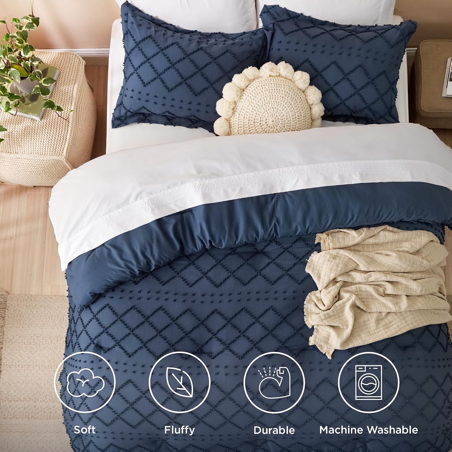 image:imageBedsure Twin XL Comforter Set  White Comforter Boho Tufted Distressed Vintage Bedding for Kids 2 Pieces FarmhouseStyle Bed Set for All Seasons Fluffy Soft Bedding with 1 Pillow Sham05  Navy