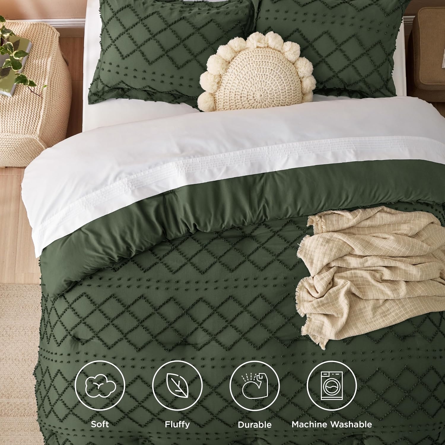 image:imageBedsure Twin XL Comforter Set White Comforter Boho Tufted Distressed Vintage Bedding for Kids 2 Pieces FarmhouseStyle Bed Set for All Seasons Fluffy Soft Bedding with 1 Pillow Sham02 Olive Green