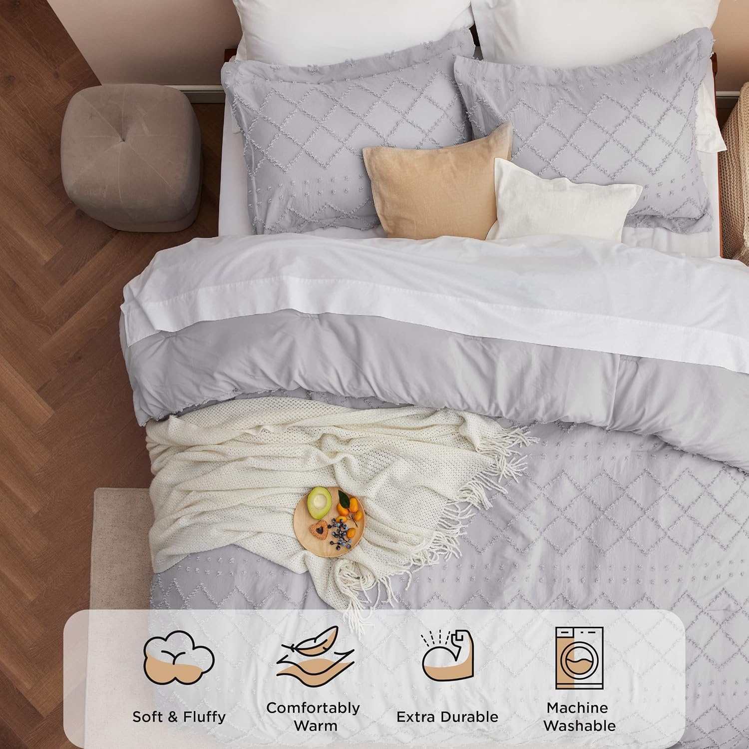 image:imageBedsure Twin XL Comforter Set  White Comforter Boho Tufted Distressed Vintage Bedding for Kids 2 Pieces FarmhouseStyle Bed Set for All Seasons Fluffy Soft Bedding with 1 Pillow Sham15  Light Grey
