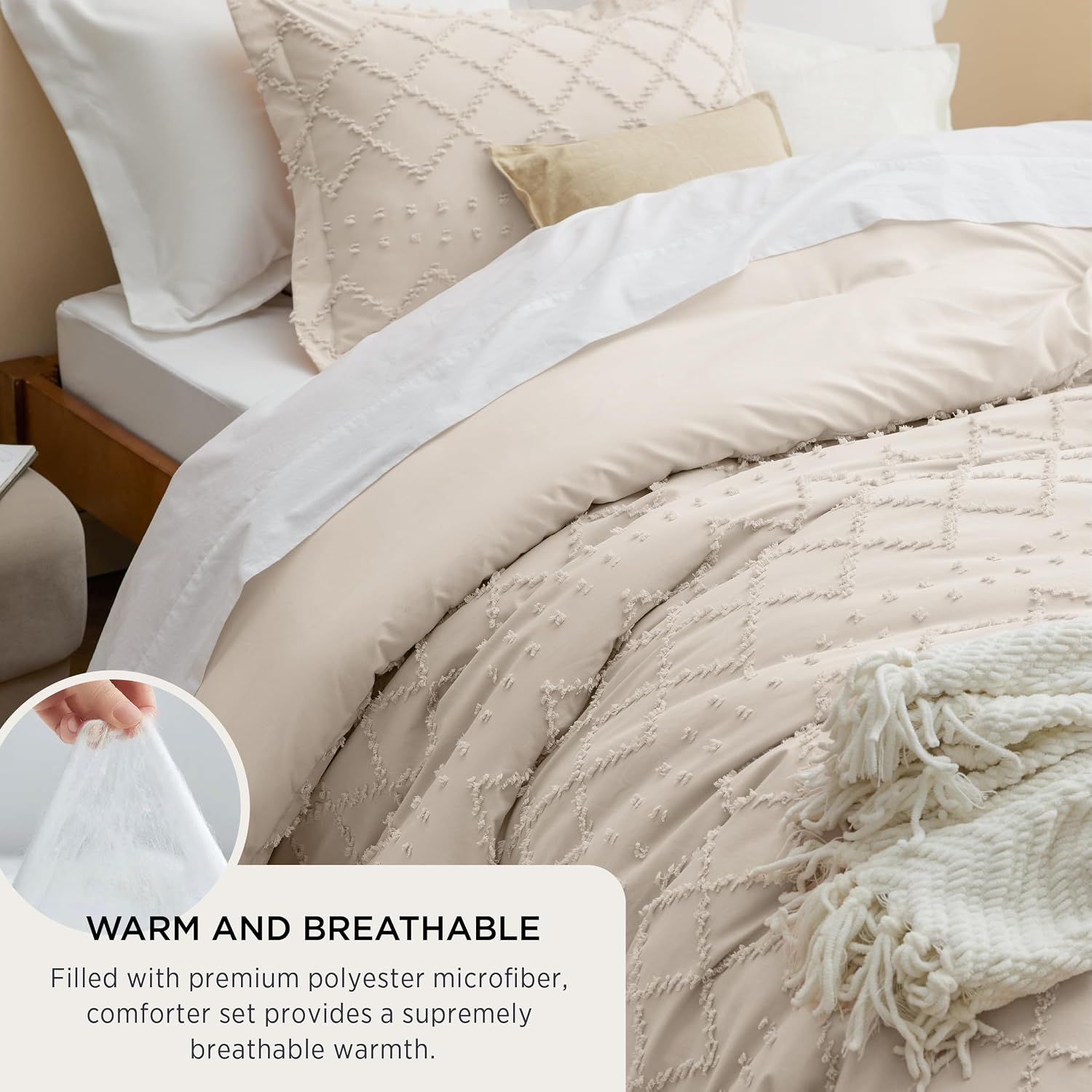 image:imageBedsure Twin XL Comforter Set  White Comforter Boho Tufted Distressed Vintage Bedding for Kids 2 Pieces FarmhouseStyle Bed Set for All Seasons Fluffy Soft Bedding with 1 Pillow Sham06  Beige