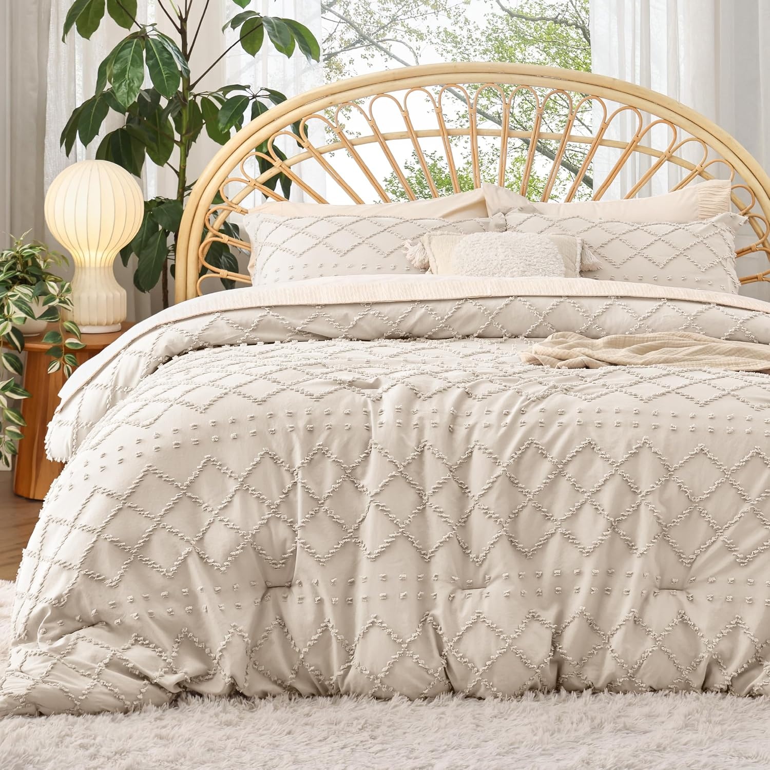 image:imageBedsure Twin XL Comforter Set  White Comforter Boho Tufted Distressed Vintage Bedding for Kids 2 Pieces FarmhouseStyle Bed Set for All Seasons Fluffy Soft Bedding with 1 Pillow Sham06  Beige