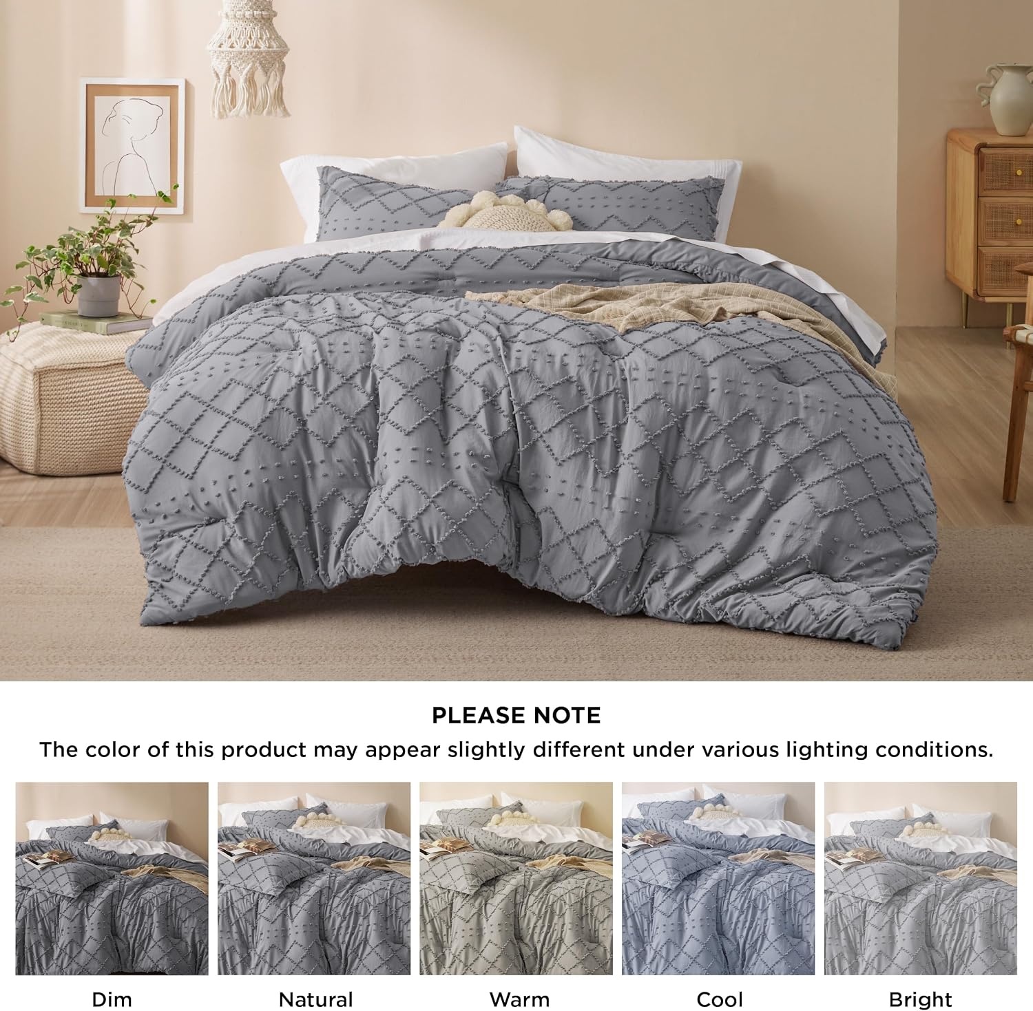 image:imageBedsure Twin XL Comforter Set  White Comforter Boho Tufted Distressed Vintage Bedding for Kids 2 Pieces FarmhouseStyle Bed Set for All Seasons Fluffy Soft Bedding with 1 Pillow Sham20  Grey