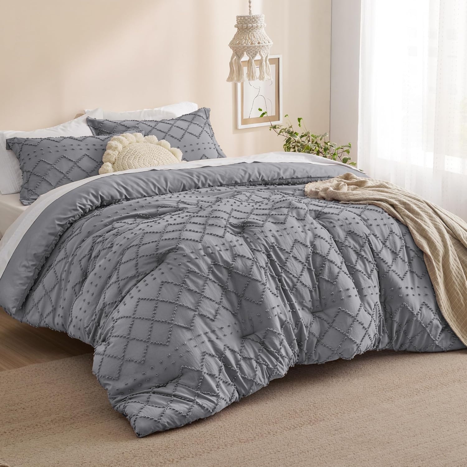 image:imageBedsure Twin XL Comforter Set  White Comforter Boho Tufted Distressed Vintage Bedding for Kids 2 Pieces FarmhouseStyle Bed Set for All Seasons Fluffy Soft Bedding with 1 Pillow Sham20  Grey