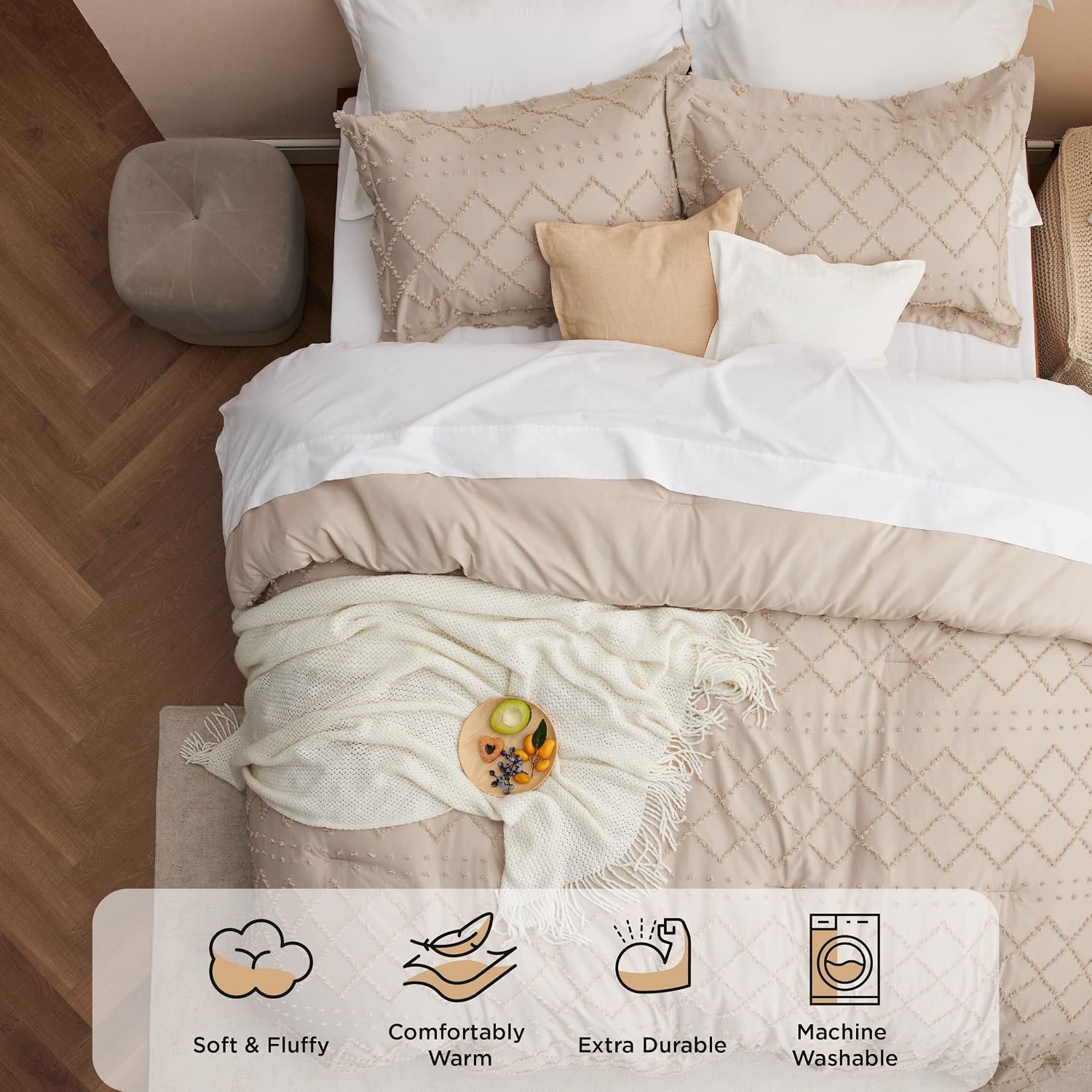 image:imageBedsure Twin XL Comforter Set  White Comforter Boho Tufted Distressed Vintage Bedding for Kids 2 Pieces FarmhouseStyle Bed Set for All Seasons Fluffy Soft Bedding with 1 Pillow Sham16  Warm Tan