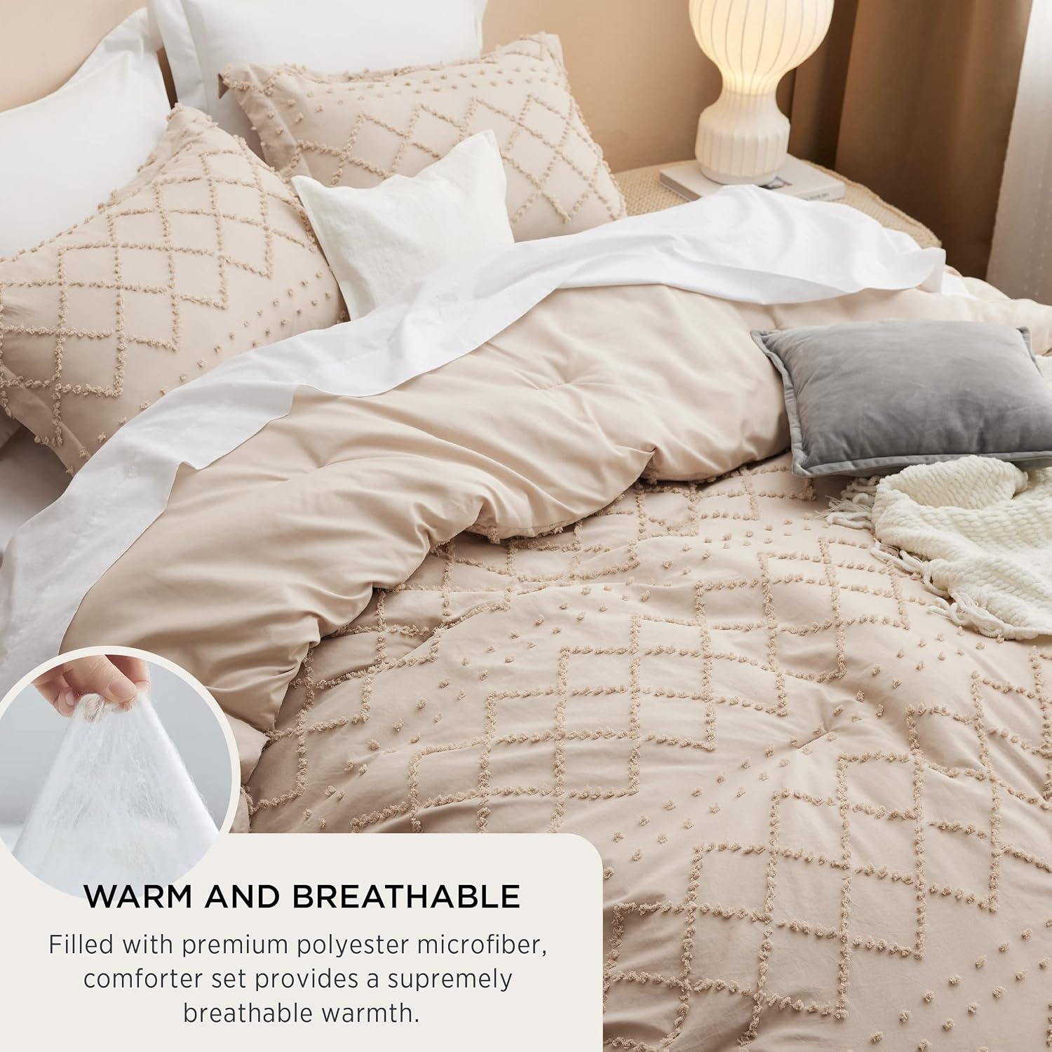 image:imageBedsure Twin XL Comforter Set  White Comforter Boho Tufted Distressed Vintage Bedding for Kids 2 Pieces FarmhouseStyle Bed Set for All Seasons Fluffy Soft Bedding with 1 Pillow Sham16  Warm Tan