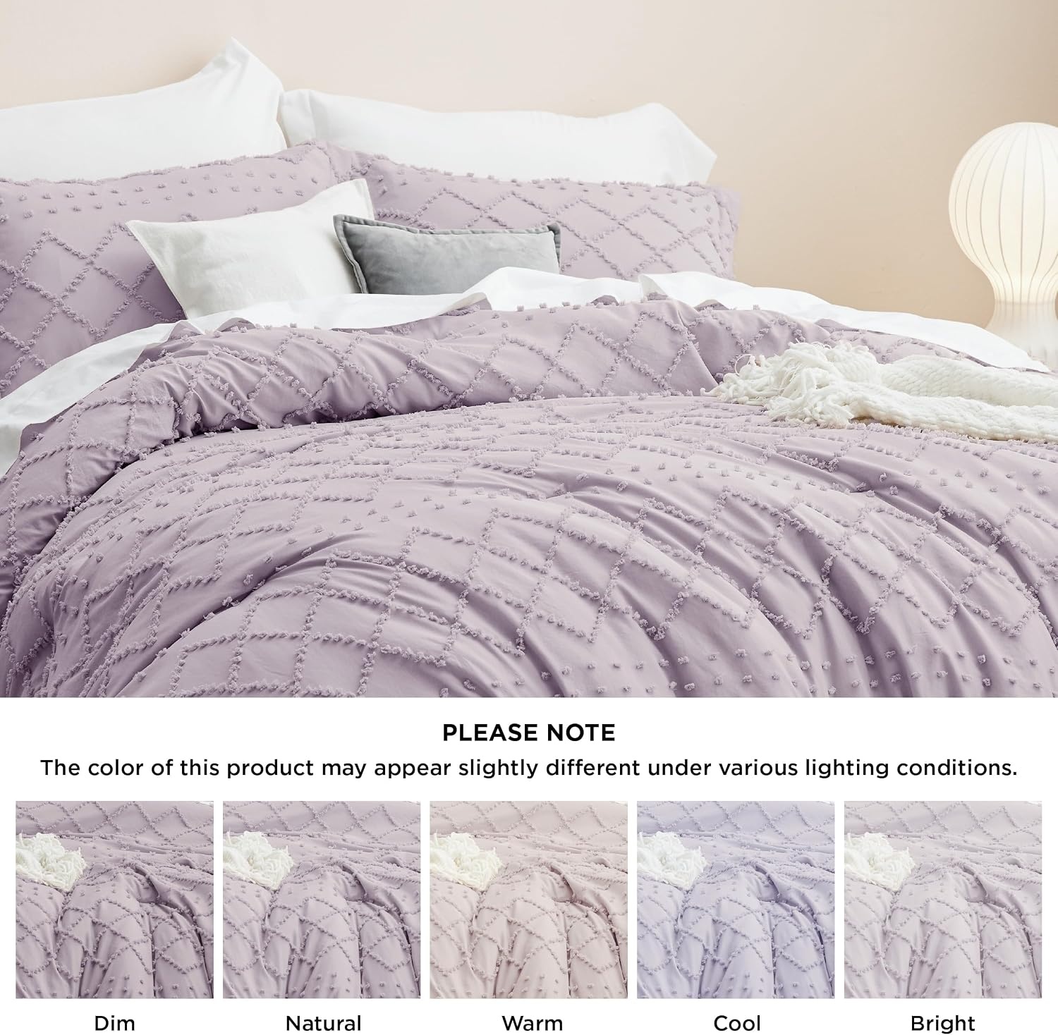 image:imageBedsure Twin XL Comforter Set  White Comforter Boho Tufted Distressed Vintage Bedding for Kids 2 Pieces FarmhouseStyle Bed Set for All Seasons Fluffy Soft Bedding with 1 Pillow Sham17  Lavender