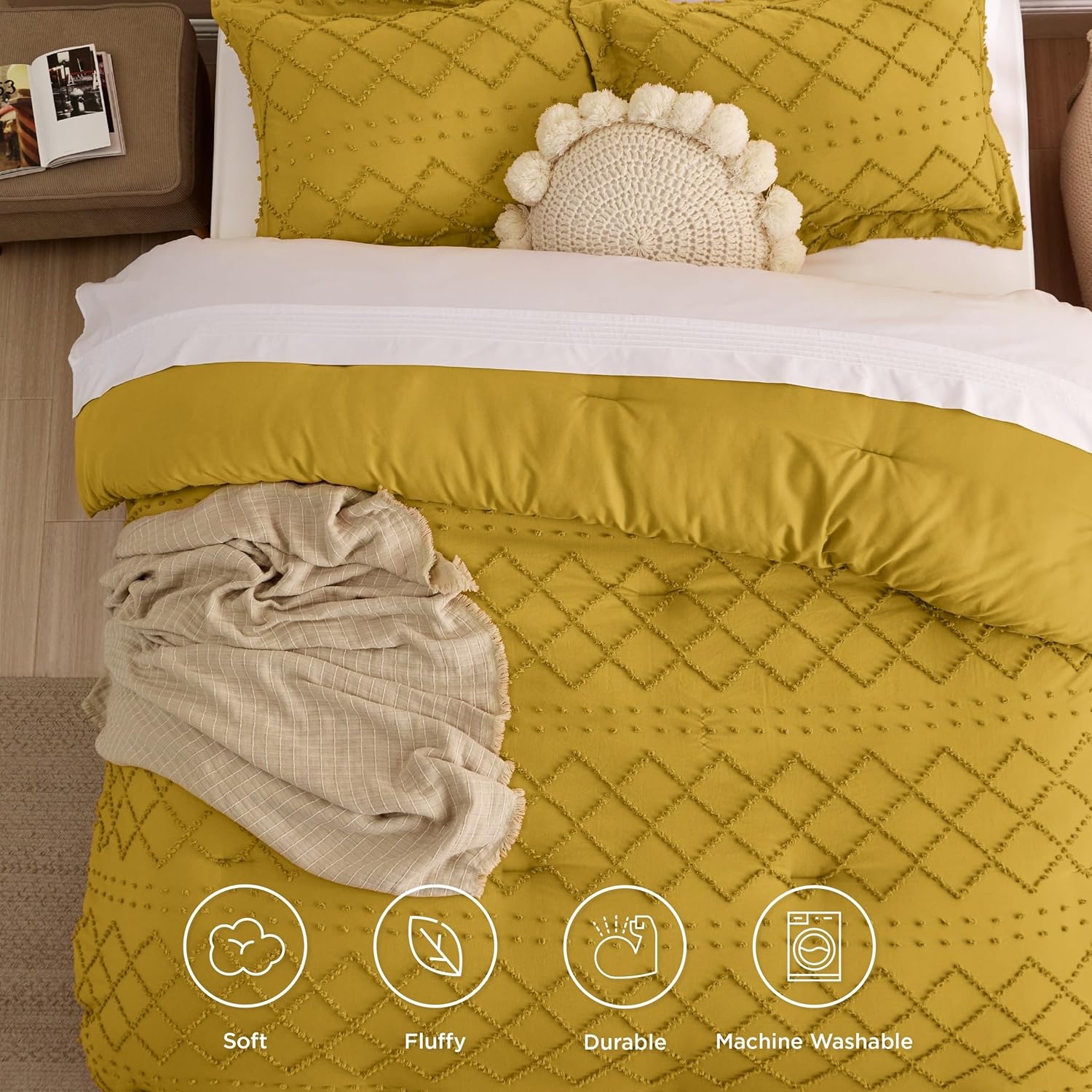 image:imageBedsure Twin XL Comforter Set  White Comforter Boho Tufted Distressed Vintage Bedding for Kids 2 Pieces FarmhouseStyle Bed Set for All Seasons Fluffy Soft Bedding with 1 Pillow Sham22  Mustard Yellow