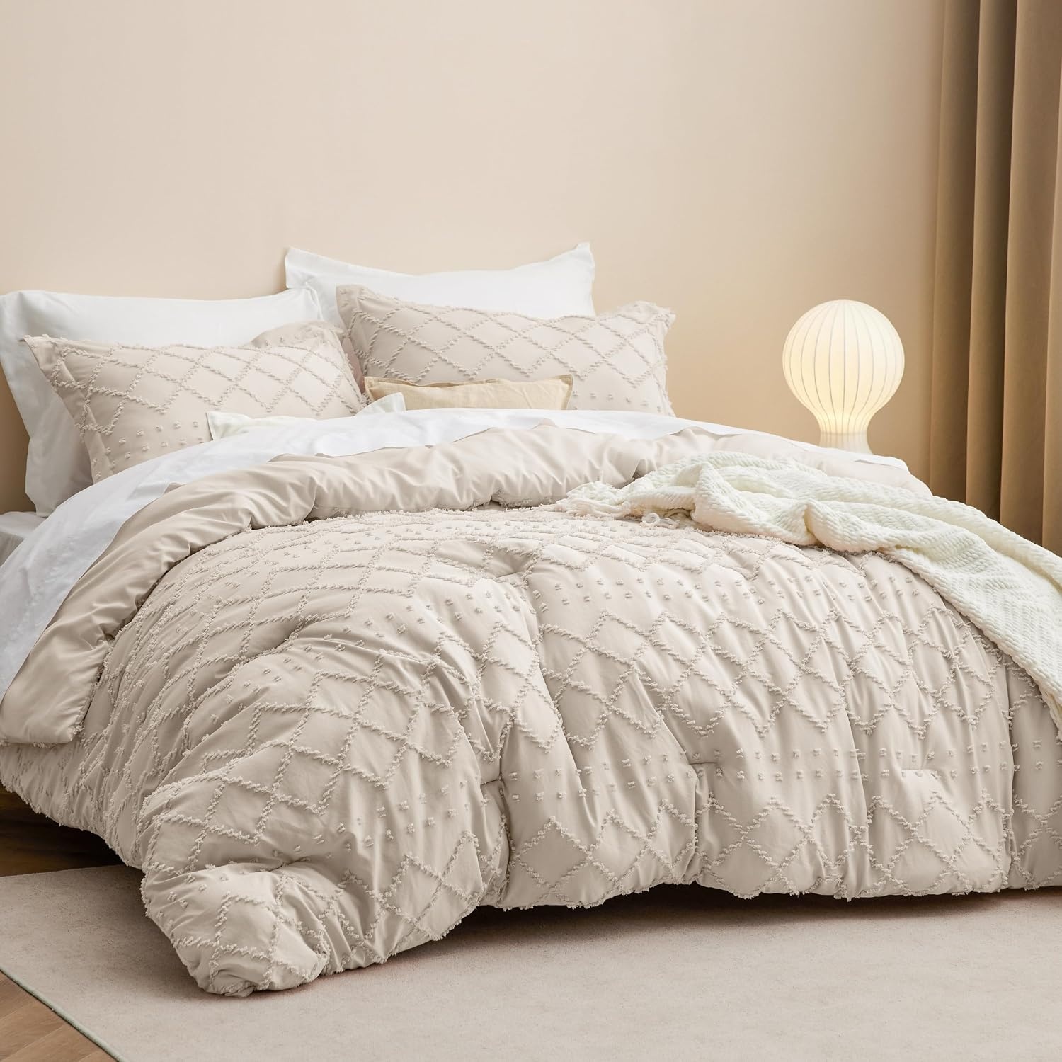 image:imageBedsure Twin XL Comforter Set  White Comforter Boho Tufted Distressed Vintage Bedding for Kids 2 Pieces FarmhouseStyle Bed Set for All Seasons Fluffy Soft Bedding with 1 Pillow Sham06  Beige
