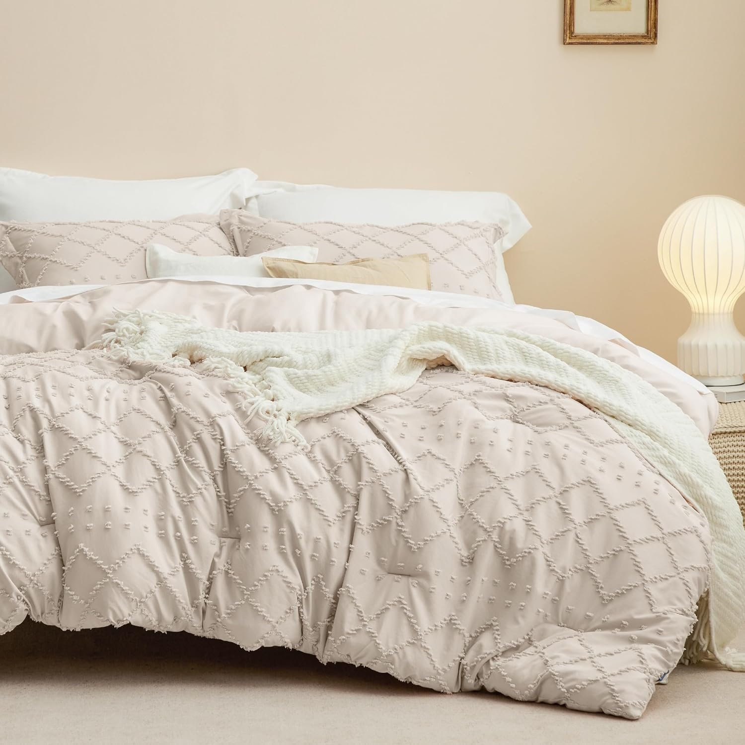 image:imageBedsure Twin XL Comforter Set  White Comforter Boho Tufted Distressed Vintage Bedding for Kids 2 Pieces FarmhouseStyle Bed Set for All Seasons Fluffy Soft Bedding with 1 Pillow Sham06  Beige