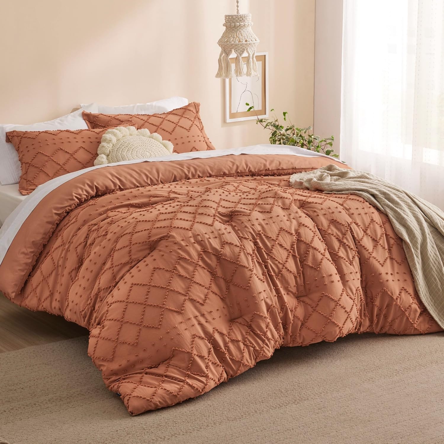 image:imageBedsure Twin XL Comforter Set White Comforter Boho Tufted Distressed Vintage Bedding for Kids 2 Pieces FarmhouseStyle Bed Set for All Seasons Fluffy Soft Bedding with 1 Pillow Sham24 Pumpkin
