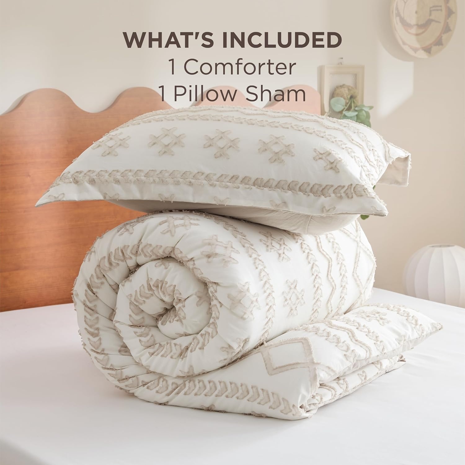 image:imageBedsure Twin XL Comforter Set  White Comforter Boho Tufted Distressed Vintage Bedding for Kids 2 Pieces FarmhouseStyle Bed Set for All Seasons Fluffy Soft Bedding with 1 Pillow Sham08  Beige  Wave Like