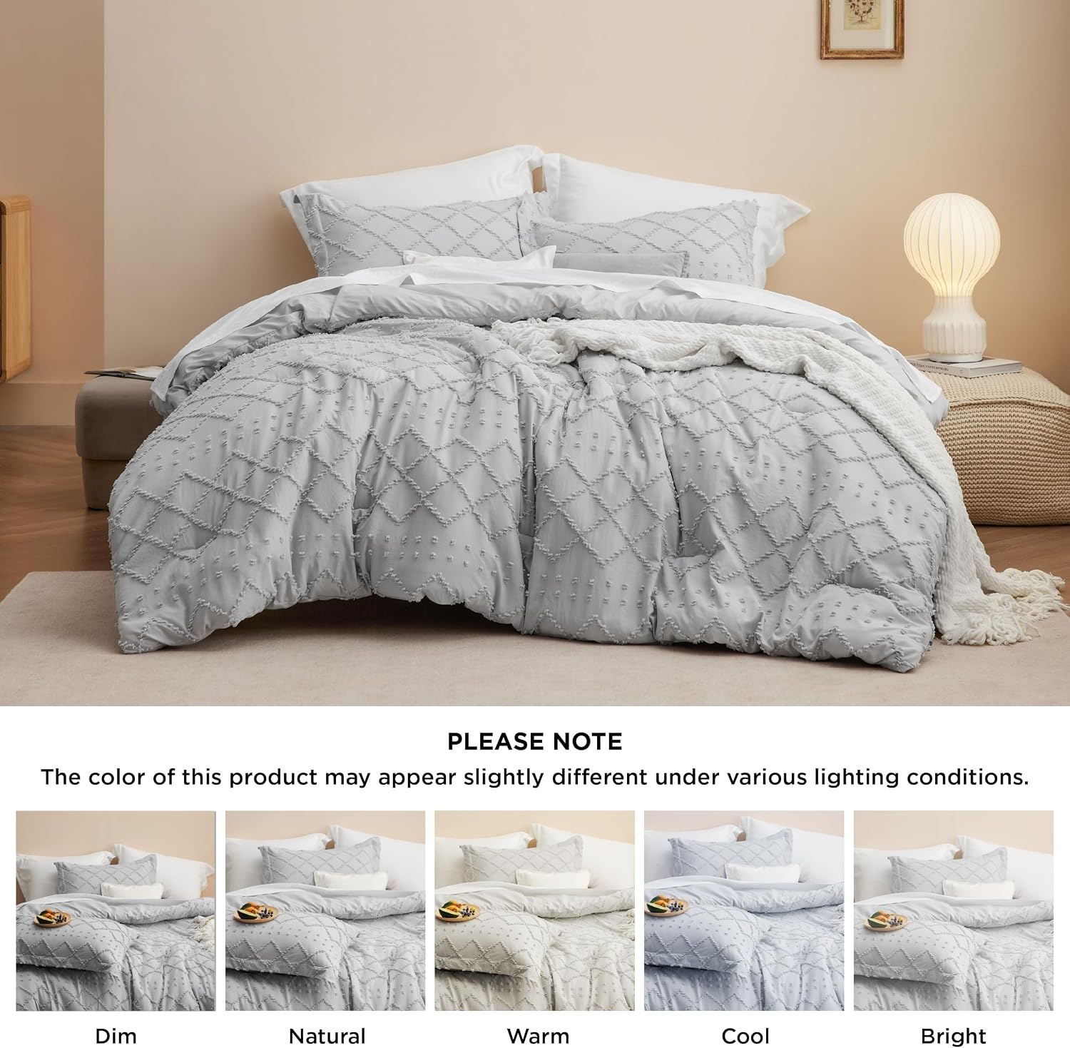 image:imageBedsure Twin XL Comforter Set  White Comforter Boho Tufted Distressed Vintage Bedding for Kids 2 Pieces FarmhouseStyle Bed Set for All Seasons Fluffy Soft Bedding with 1 Pillow Sham15  Light Grey