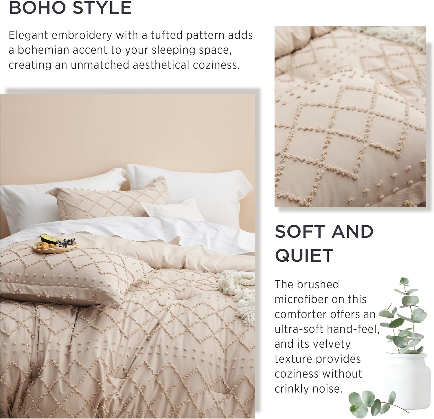 image:imageBedsure Twin XL Comforter Set  White Comforter Boho Tufted Distressed Vintage Bedding for Kids 2 Pieces FarmhouseStyle Bed Set for All Seasons Fluffy Soft Bedding with 1 Pillow Sham16  Warm Tan