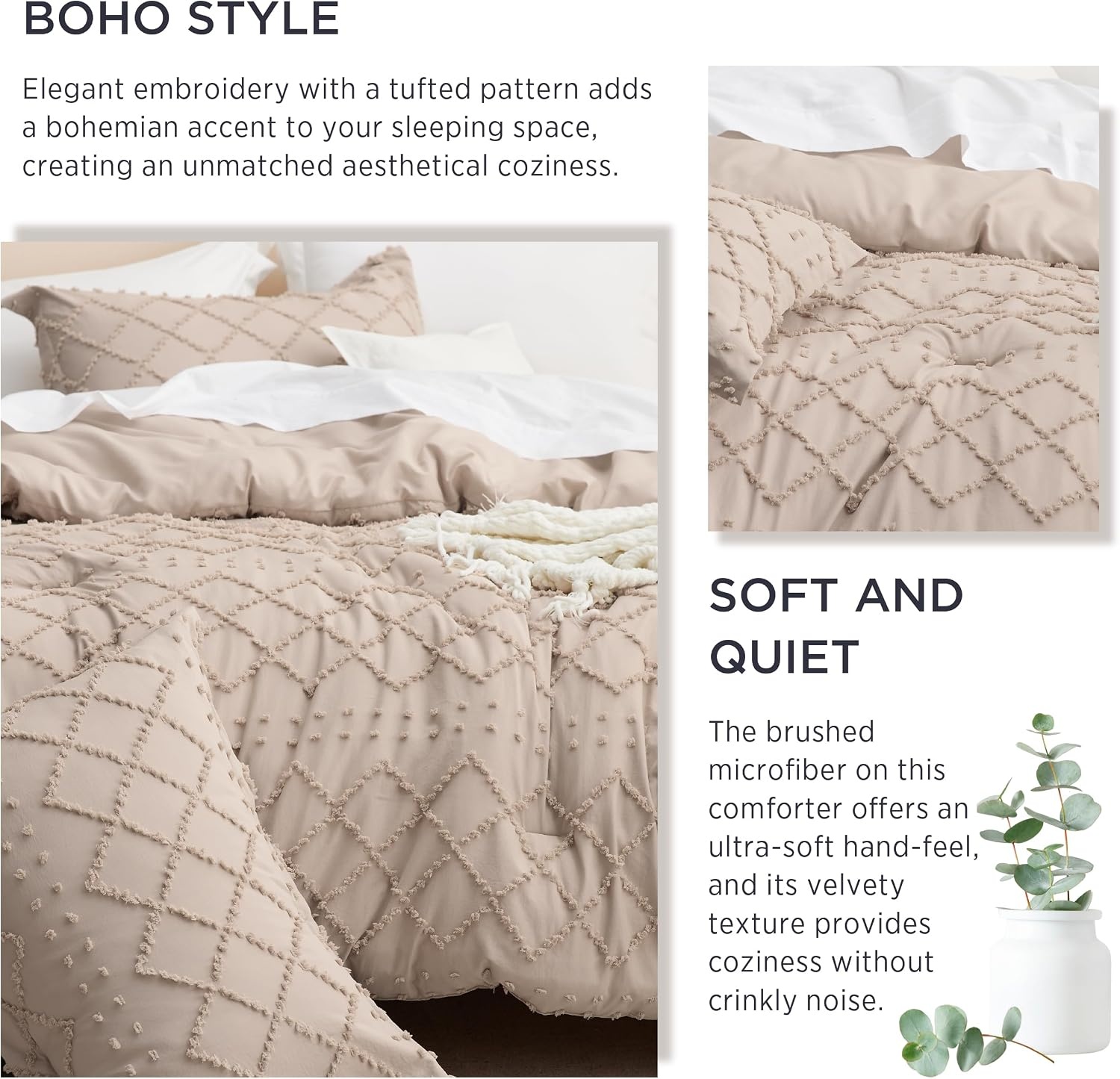 image:imageBedsure Twin XL Comforter Set  White Comforter Boho Tufted Distressed Vintage Bedding for Kids 2 Pieces FarmhouseStyle Bed Set for All Seasons Fluffy Soft Bedding with 1 Pillow Sham16  Warm Tan
