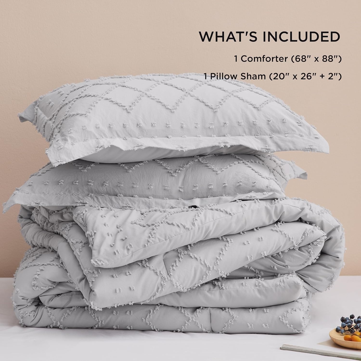 image:imageBedsure Twin XL Comforter Set  White Comforter Boho Tufted Distressed Vintage Bedding for Kids 2 Pieces FarmhouseStyle Bed Set for All Seasons Fluffy Soft Bedding with 1 Pillow Sham15  Light Grey