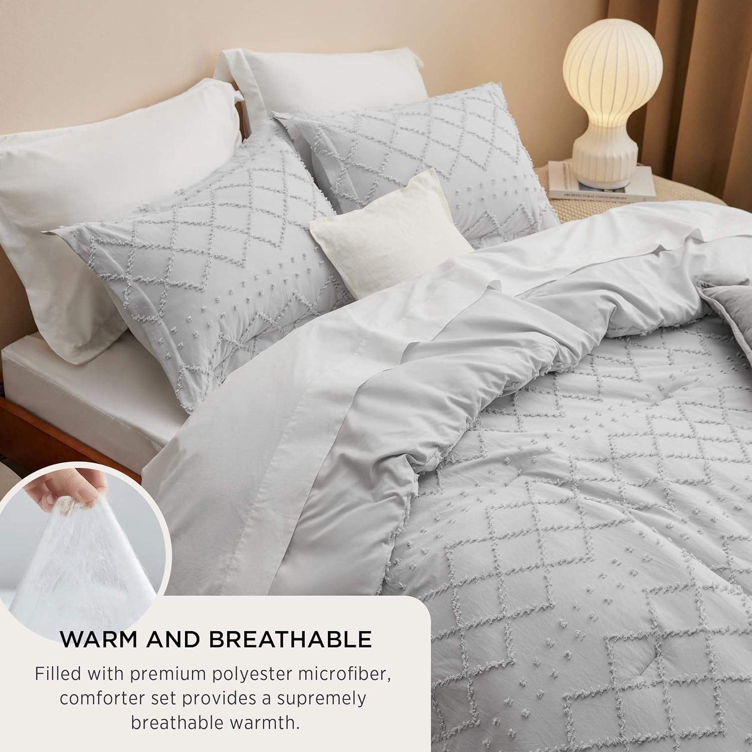 image:imageBedsure Twin XL Comforter Set  White Comforter Boho Tufted Distressed Vintage Bedding for Kids 2 Pieces FarmhouseStyle Bed Set for All Seasons Fluffy Soft Bedding with 1 Pillow Sham15  Light Grey