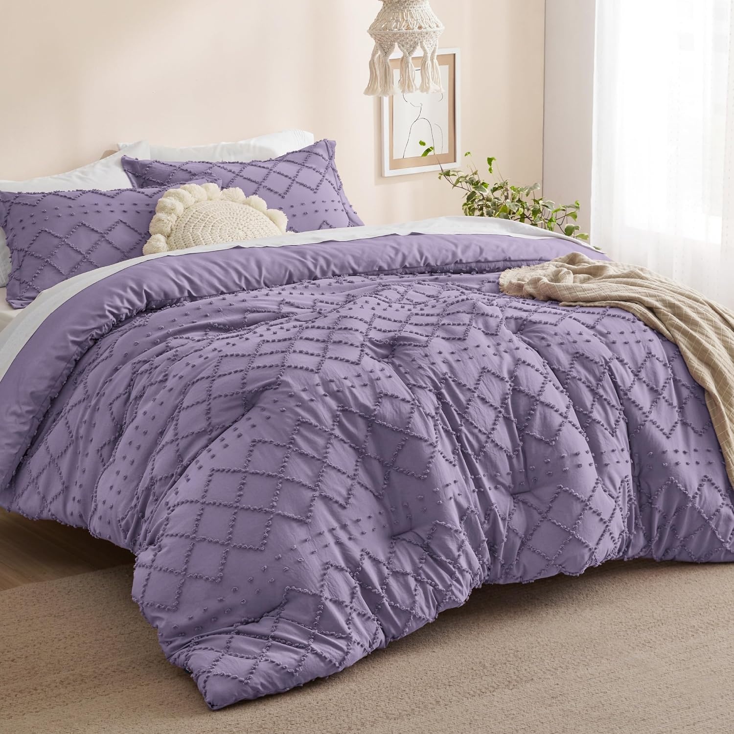 image:imageBedsure Twin XL Comforter Set White Comforter Boho Tufted Distressed Vintage Bedding for Kids 2 Pieces FarmhouseStyle Bed Set for All Seasons Fluffy Soft Bedding with 1 Pillow Sham13 Grayish Purple