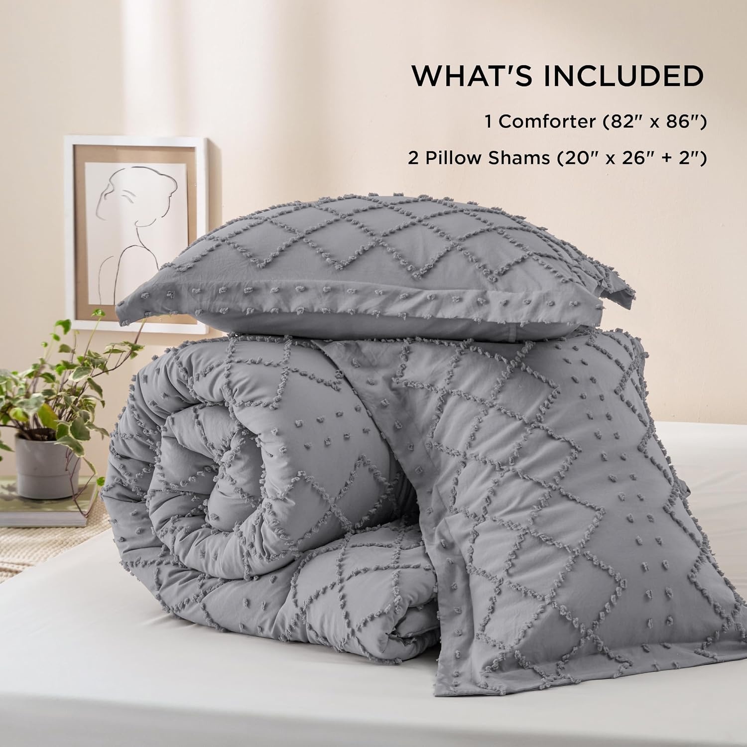 image:imageBedsure Twin XL Comforter Set  White Comforter Boho Tufted Distressed Vintage Bedding for Kids 2 Pieces FarmhouseStyle Bed Set for All Seasons Fluffy Soft Bedding with 1 Pillow Sham20  Grey