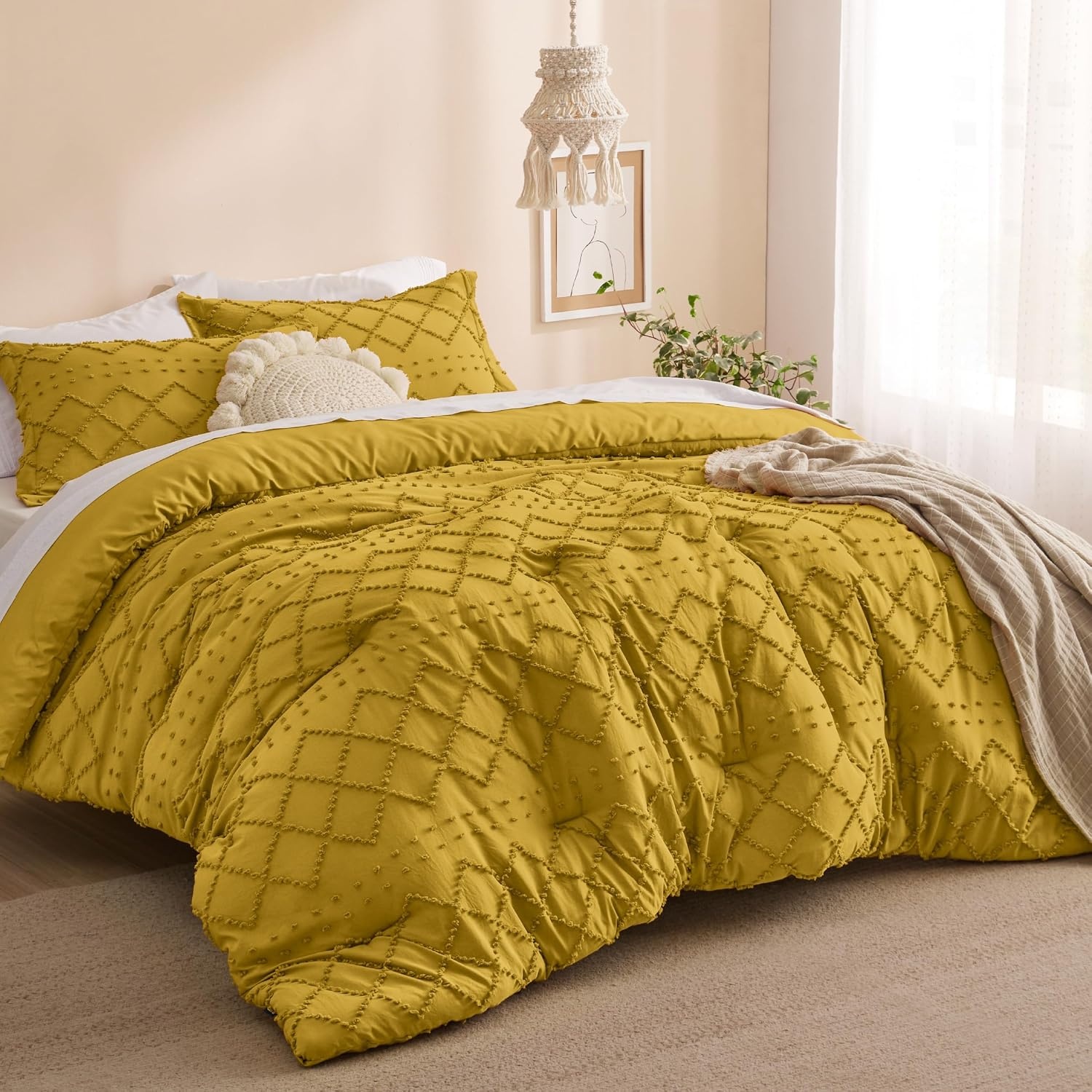 image:imageBedsure Twin XL Comforter Set  White Comforter Boho Tufted Distressed Vintage Bedding for Kids 2 Pieces FarmhouseStyle Bed Set for All Seasons Fluffy Soft Bedding with 1 Pillow Sham22  Mustard Yellow