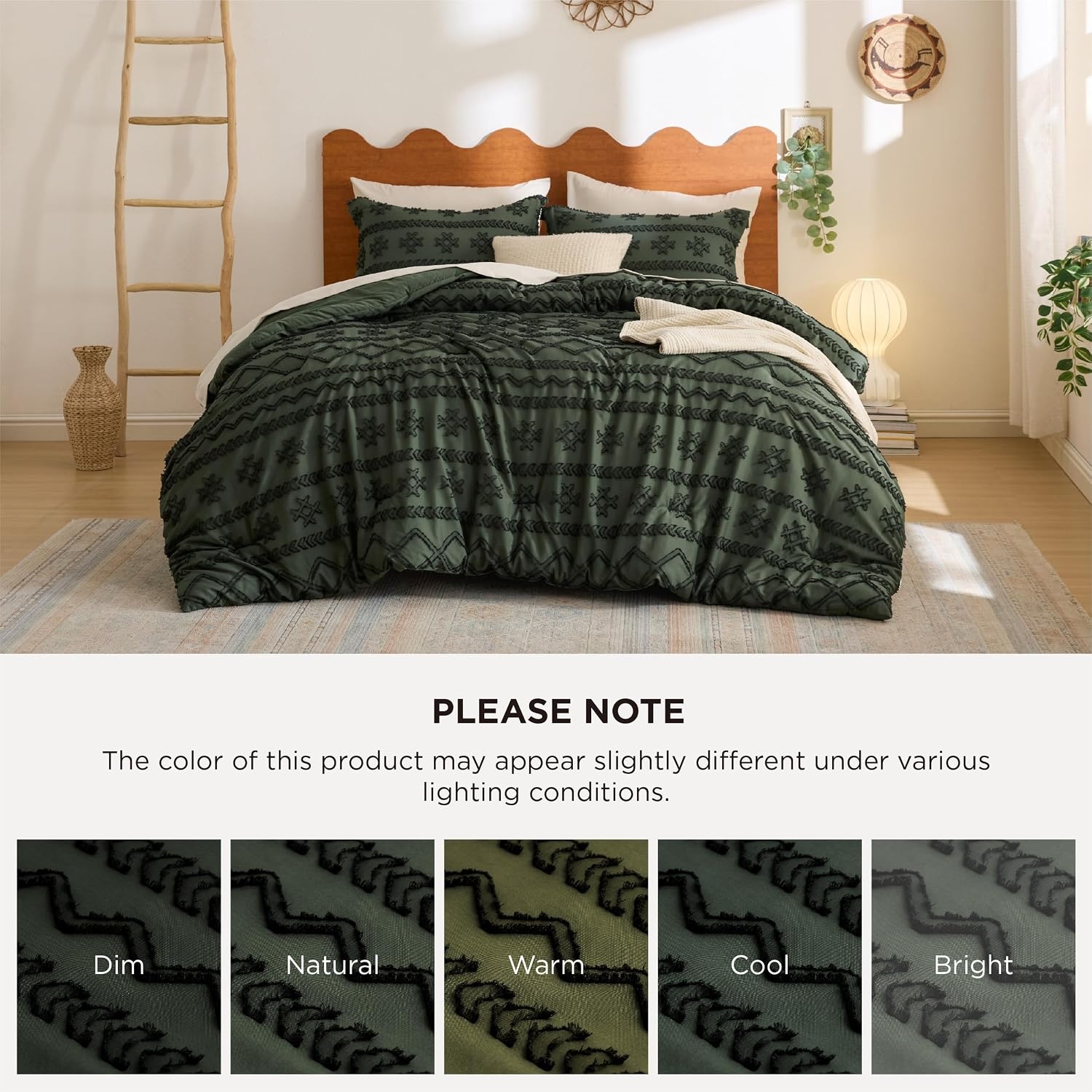 image:imageBedsure Twin XL Comforter Set  White Comforter Boho Tufted Distressed Vintage Bedding for Kids 2 Pieces FarmhouseStyle Bed Set for All Seasons Fluffy Soft Bedding with 1 Pillow Sham09  Olive Green  Wave Like