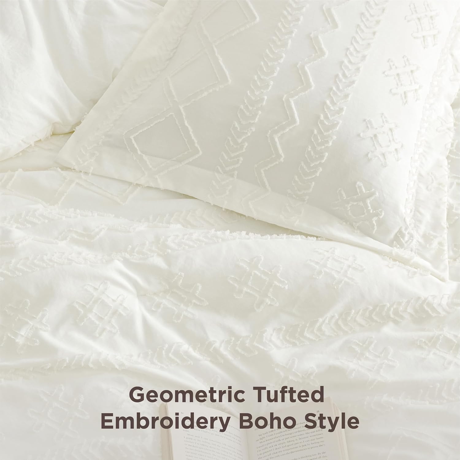 image:imageBedsure Twin XL Comforter Set  White Comforter Boho Tufted Distressed Vintage Bedding for Kids 2 Pieces FarmhouseStyle Bed Set for All Seasons Fluffy Soft Bedding with 1 Pillow Sham07  White  Wave Like
