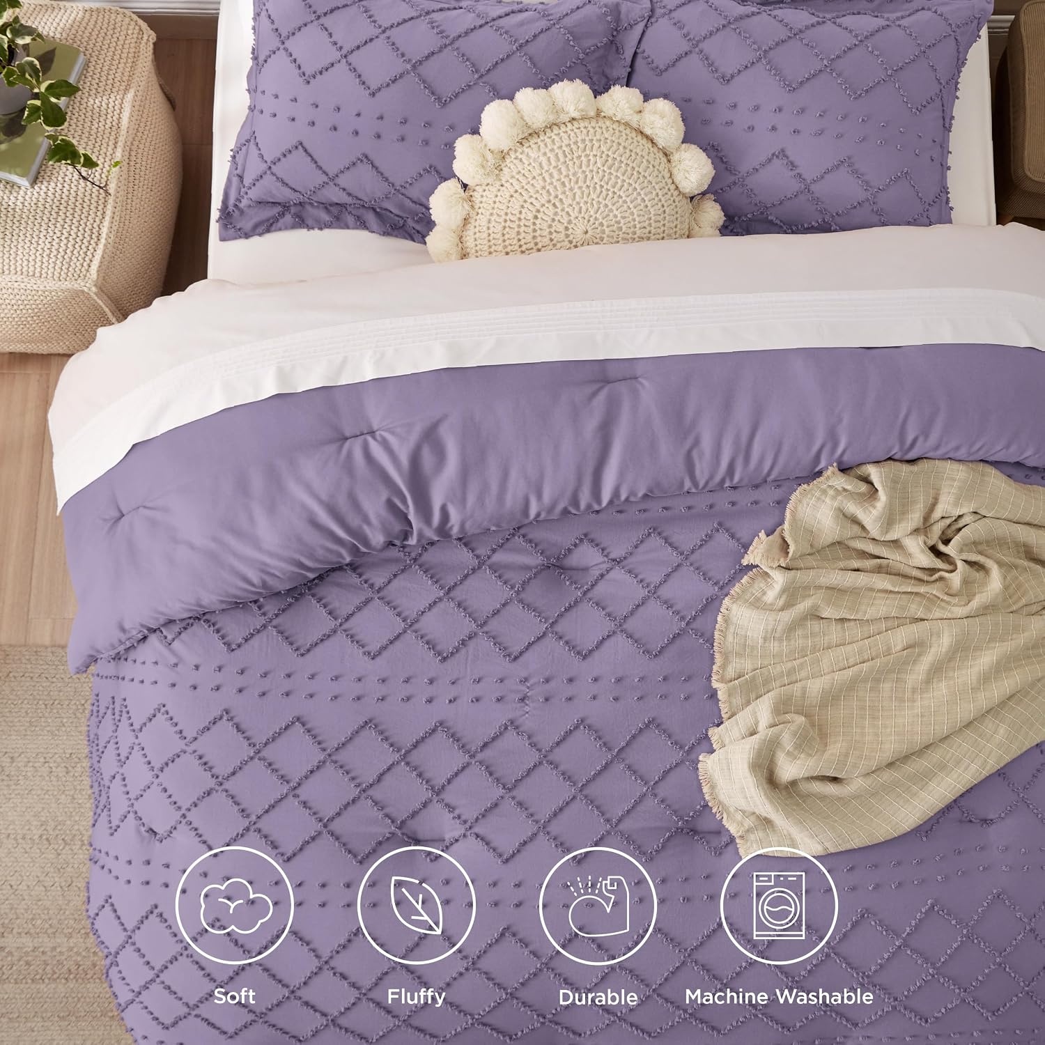 image:imageBedsure Twin XL Comforter Set White Comforter Boho Tufted Distressed Vintage Bedding for Kids 2 Pieces FarmhouseStyle Bed Set for All Seasons Fluffy Soft Bedding with 1 Pillow Sham13 Grayish Purple