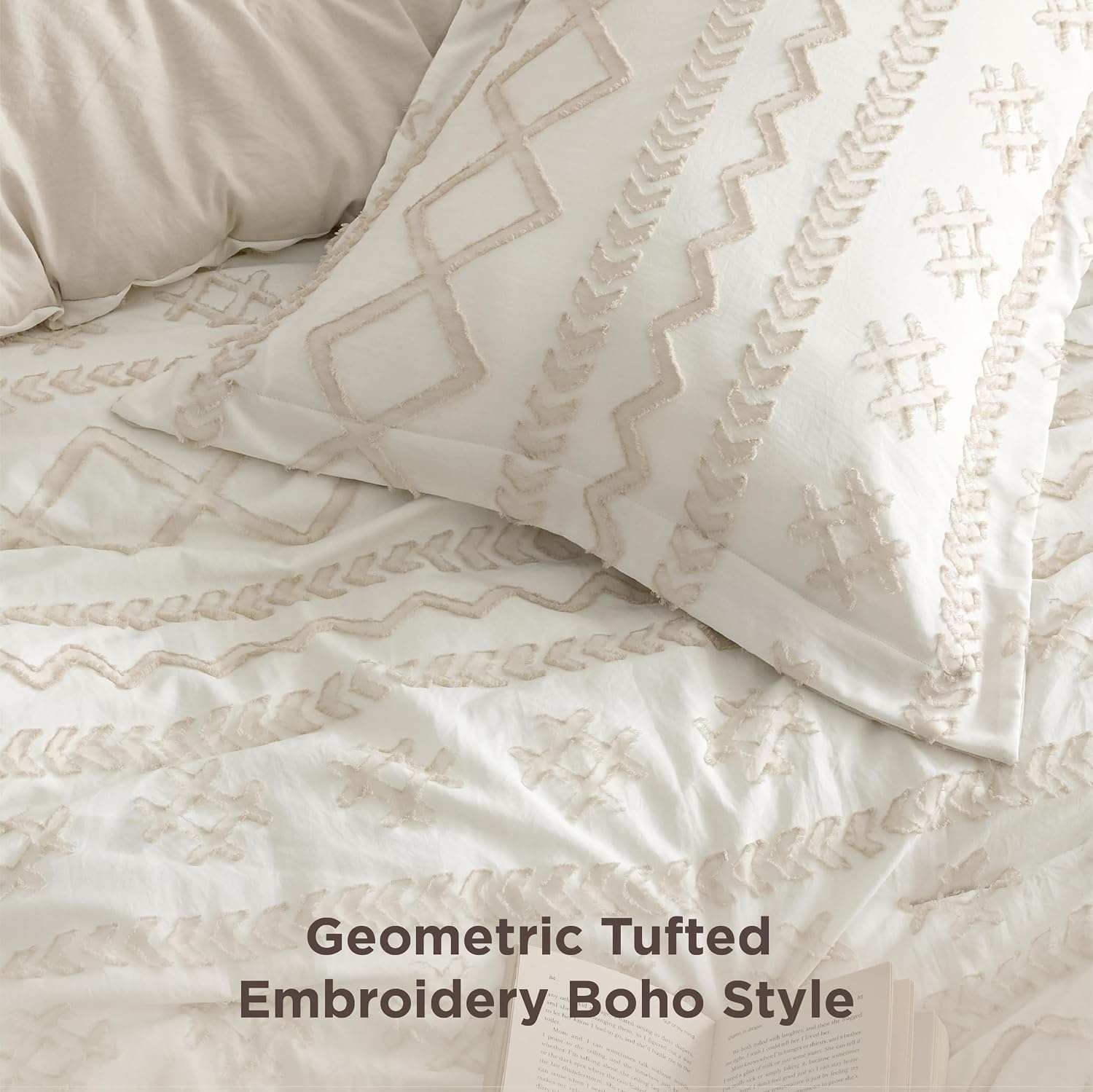 image:imageBedsure Twin XL Comforter Set  White Comforter Boho Tufted Distressed Vintage Bedding for Kids 2 Pieces FarmhouseStyle Bed Set for All Seasons Fluffy Soft Bedding with 1 Pillow Sham08  Beige  Wave Like