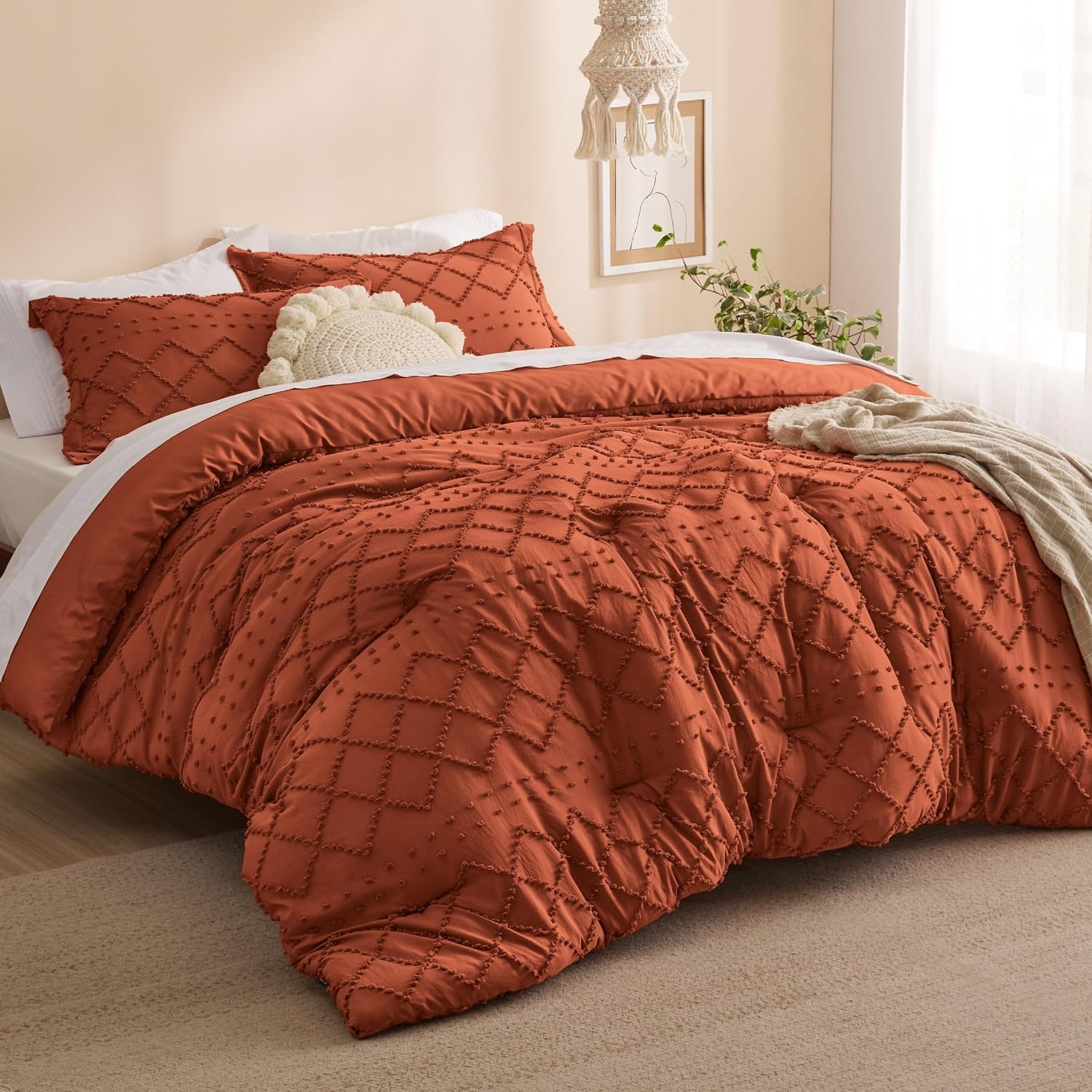 image:imageBedsure Twin XL Comforter Set  White Comforter Boho Tufted Distressed Vintage Bedding for Kids 2 Pieces FarmhouseStyle Bed Set for All Seasons Fluffy Soft Bedding with 1 Pillow Sham19  Terracotta
